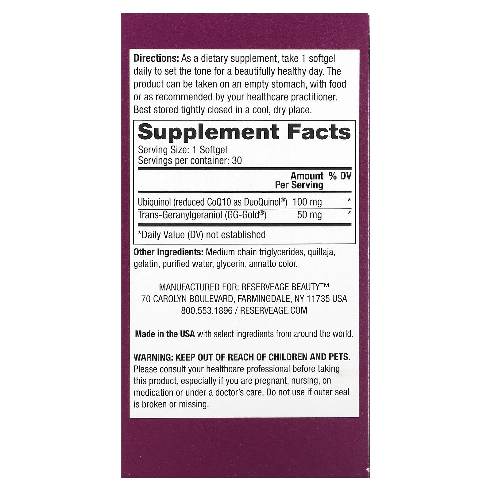 Reserveage Beauty, убихинол, коэнзим Q10, 30 капсул