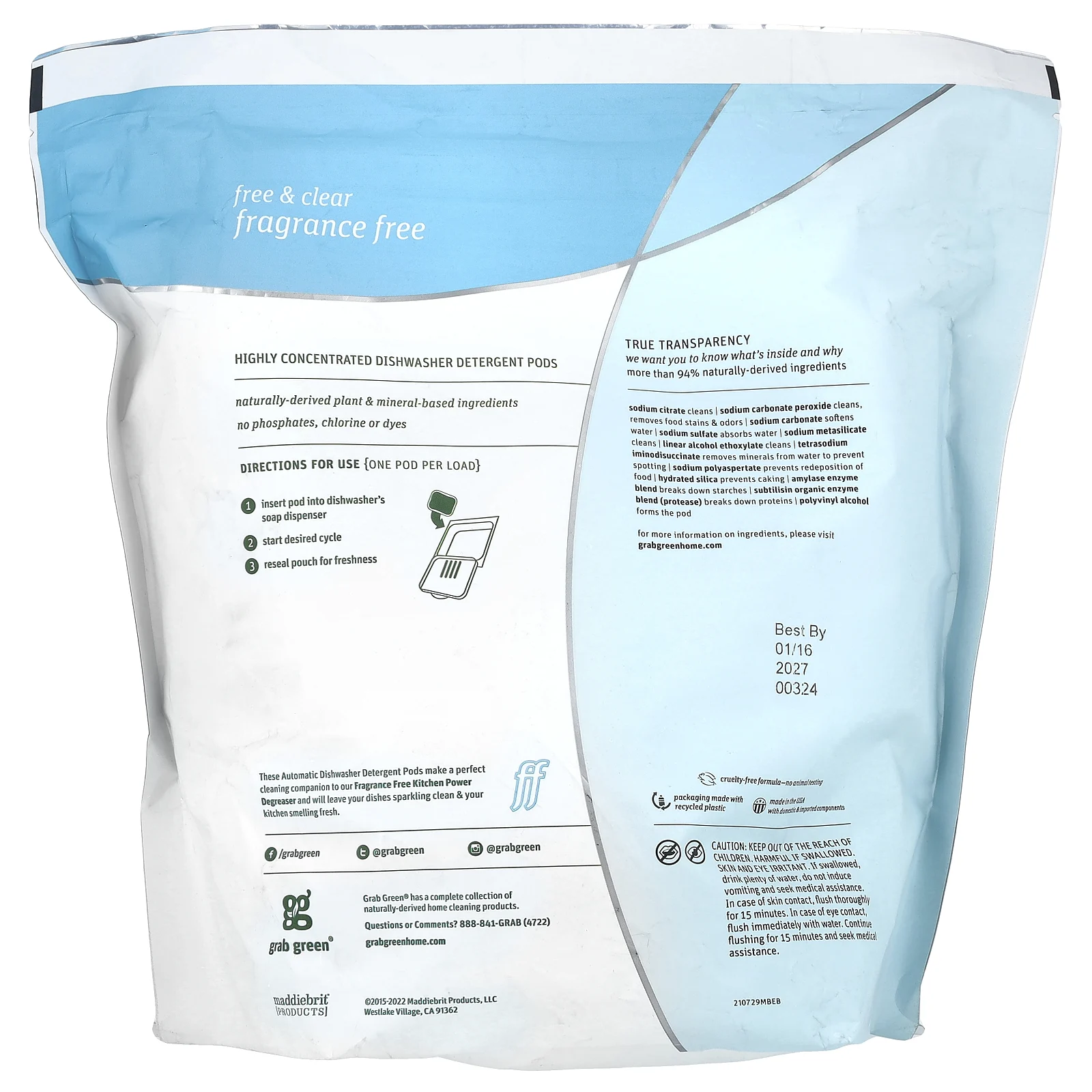 Grab Green, моющий порошок для посудомоечной машины, без отдушек, 132 капсулы