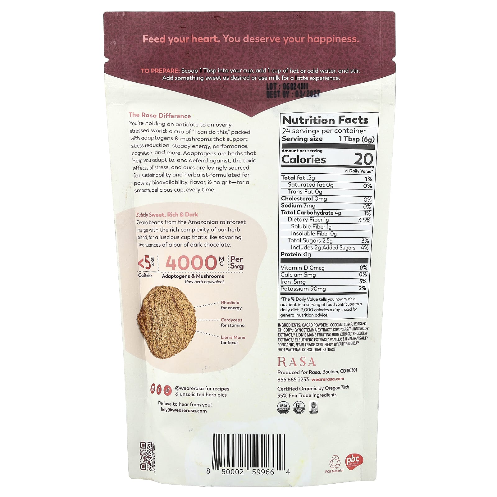 Rasa, Кофе с адаптогеном и грибами, растворимый, какао-нуар, 144 г (5 унций)