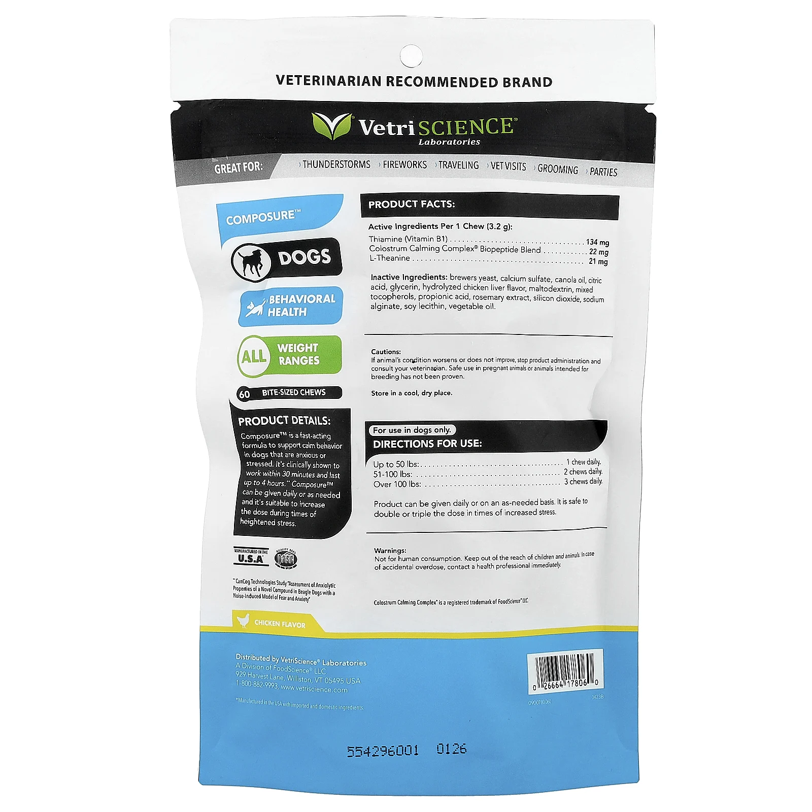 Vetriscience, Composure ™, для всех собак, с курицей, жевательные таблетки на каждый кусочек, 192 г (6,77 унции)