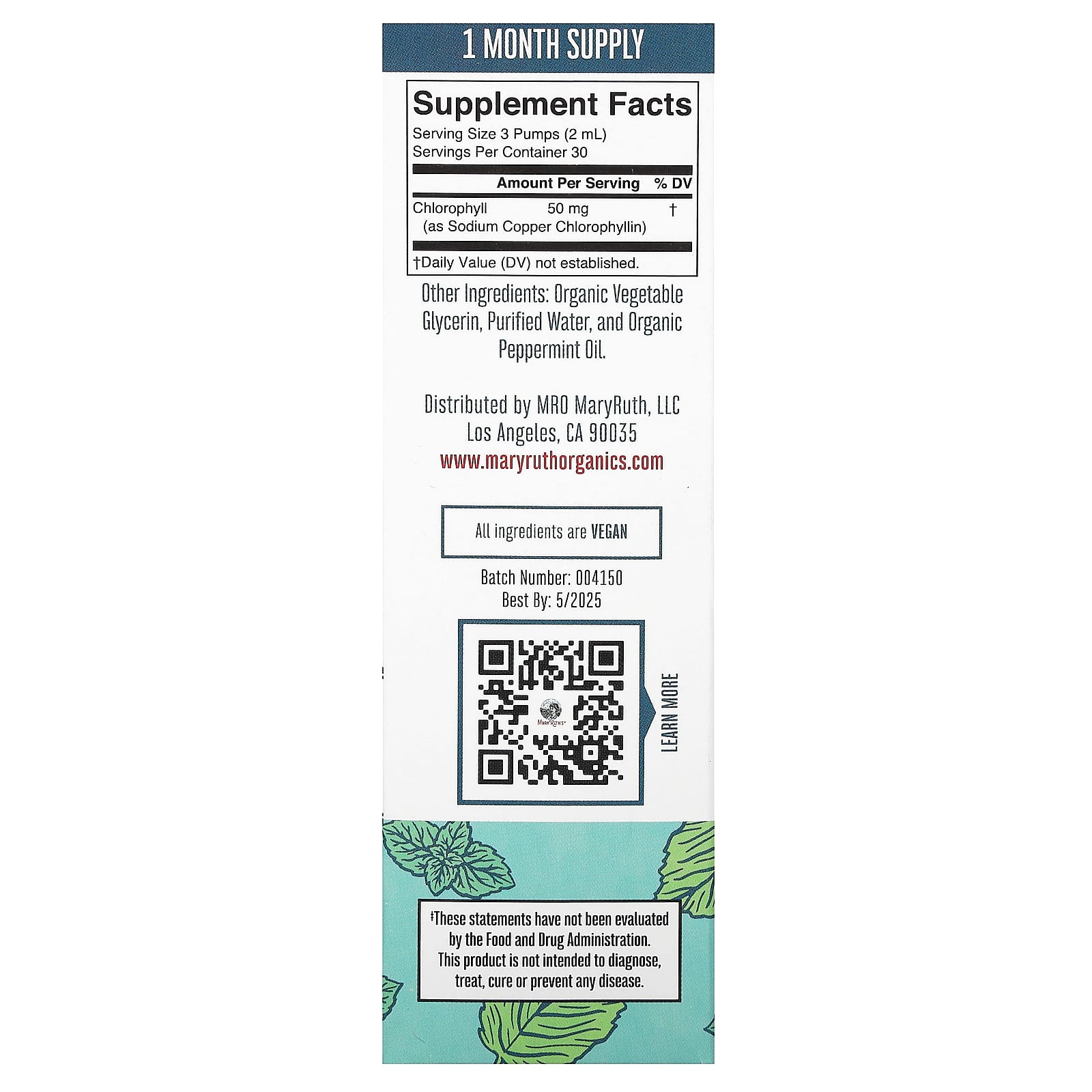 MaryRuth's, веганский хлорофилл, капли, перечная мята, 50 мг, 60 мл (2 жидк. унции)