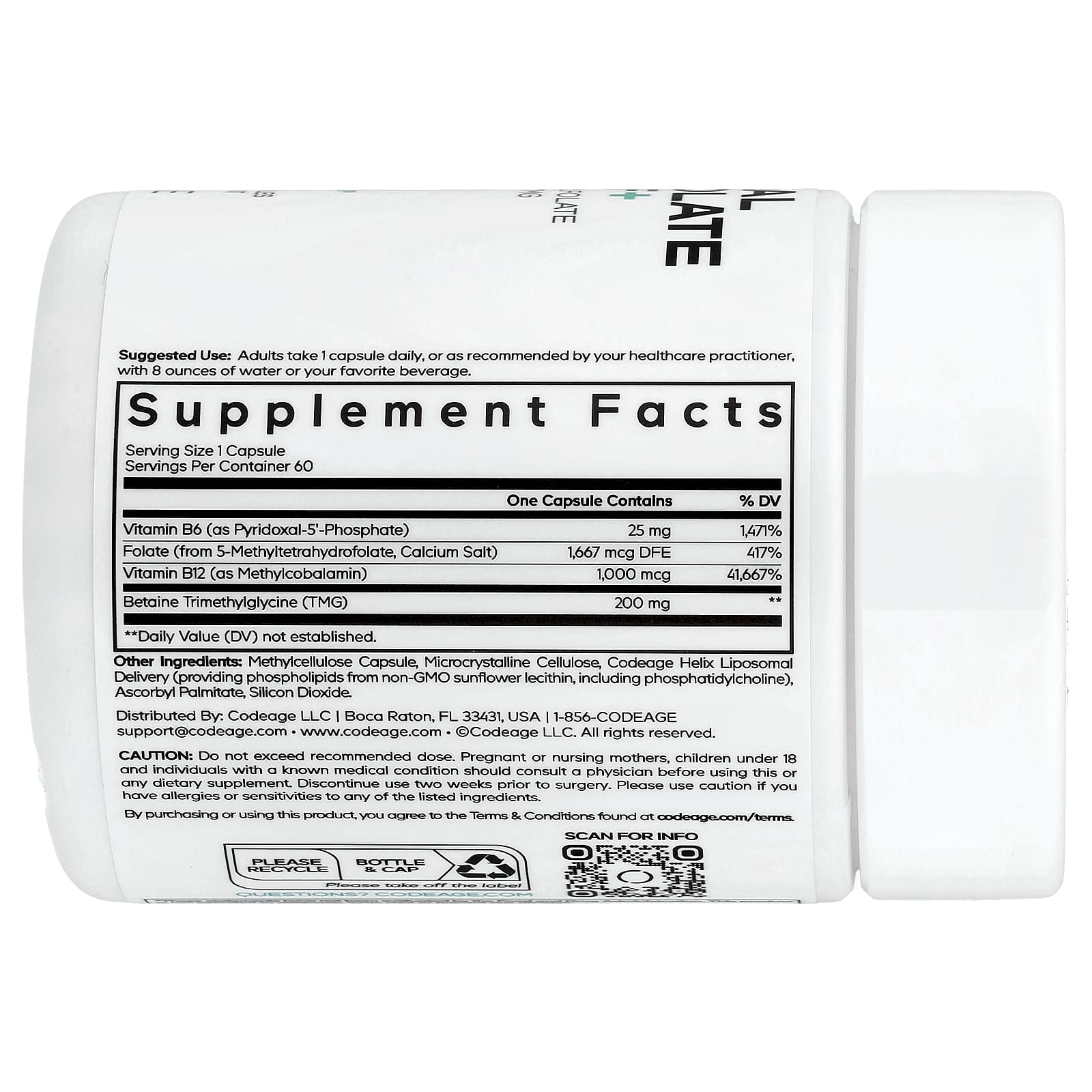 Codeage, липосомальный L-метилфолат 5-MTHF+, 60 растительных капсул