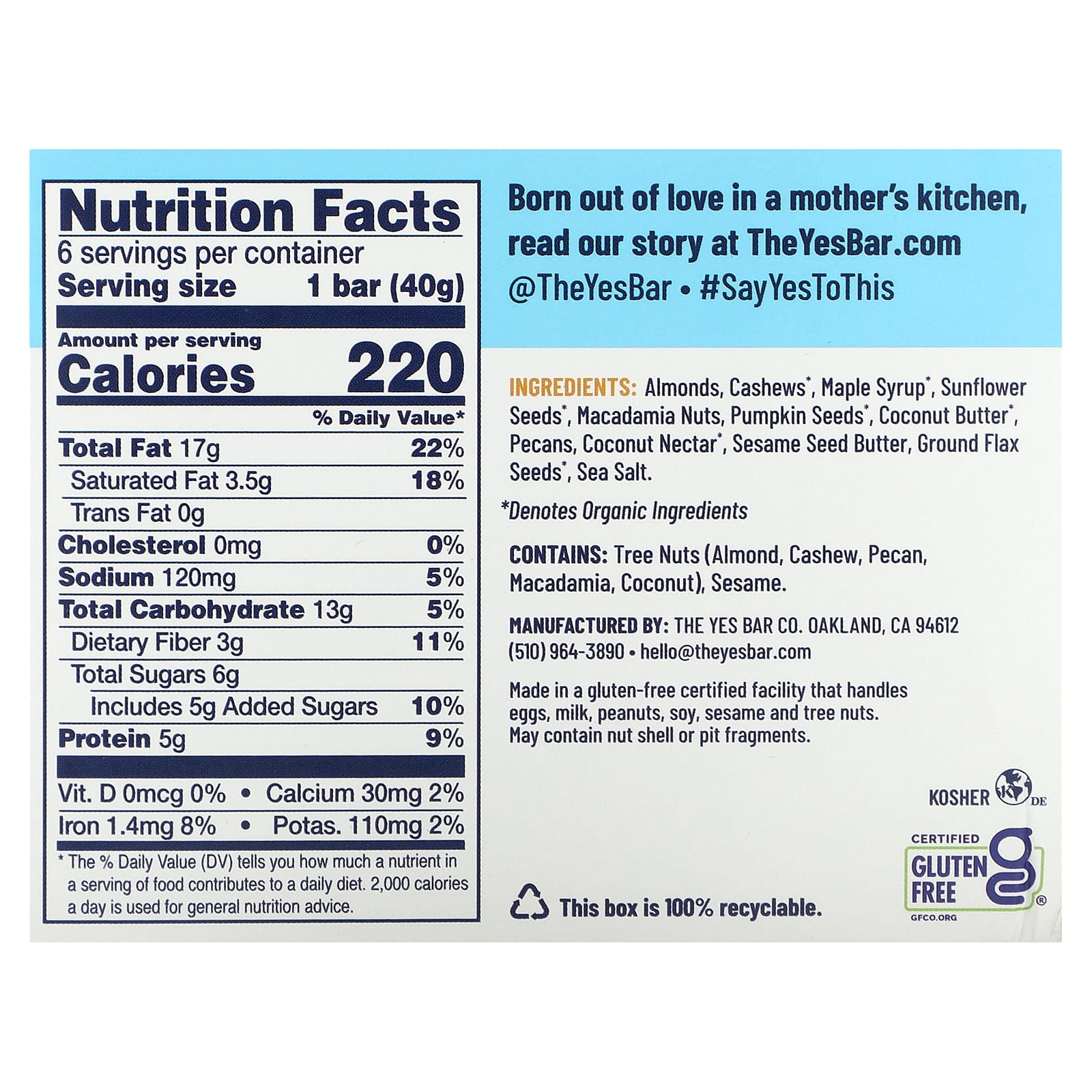 Yes Bar, Snack Bar, соленый кленовый пекан, 6 батончиков по 40 г (1,4 унции)