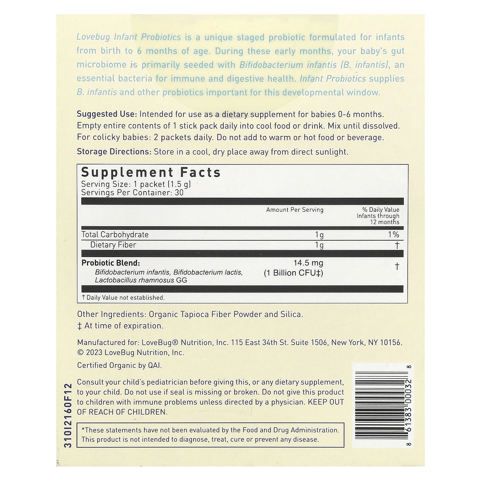 LoveBug Probiotics, пробиотики для младенцев в возрасте 0–6 месяцев, 1 млрд КОЕ, 30 порций в индивидуальной упаковке, по 1,5 г (0,05 унции)