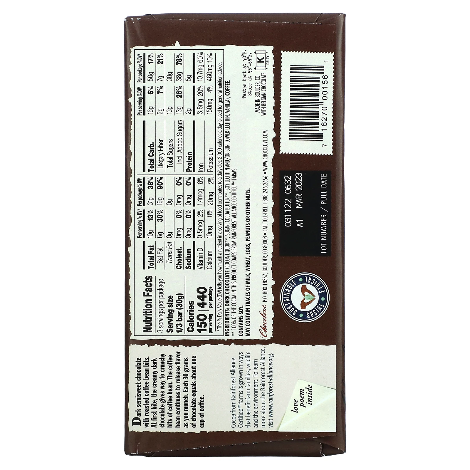 Chocolove, Кофейный кранч в темном шоколаде, 55% какао, 90 г (3,2 унции)