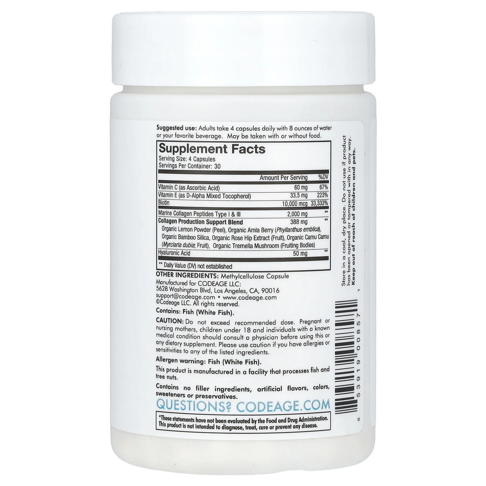 Codeage, Wild Caught, морской коллаген с биотином, гиалуроновая кислота, 120 капсул