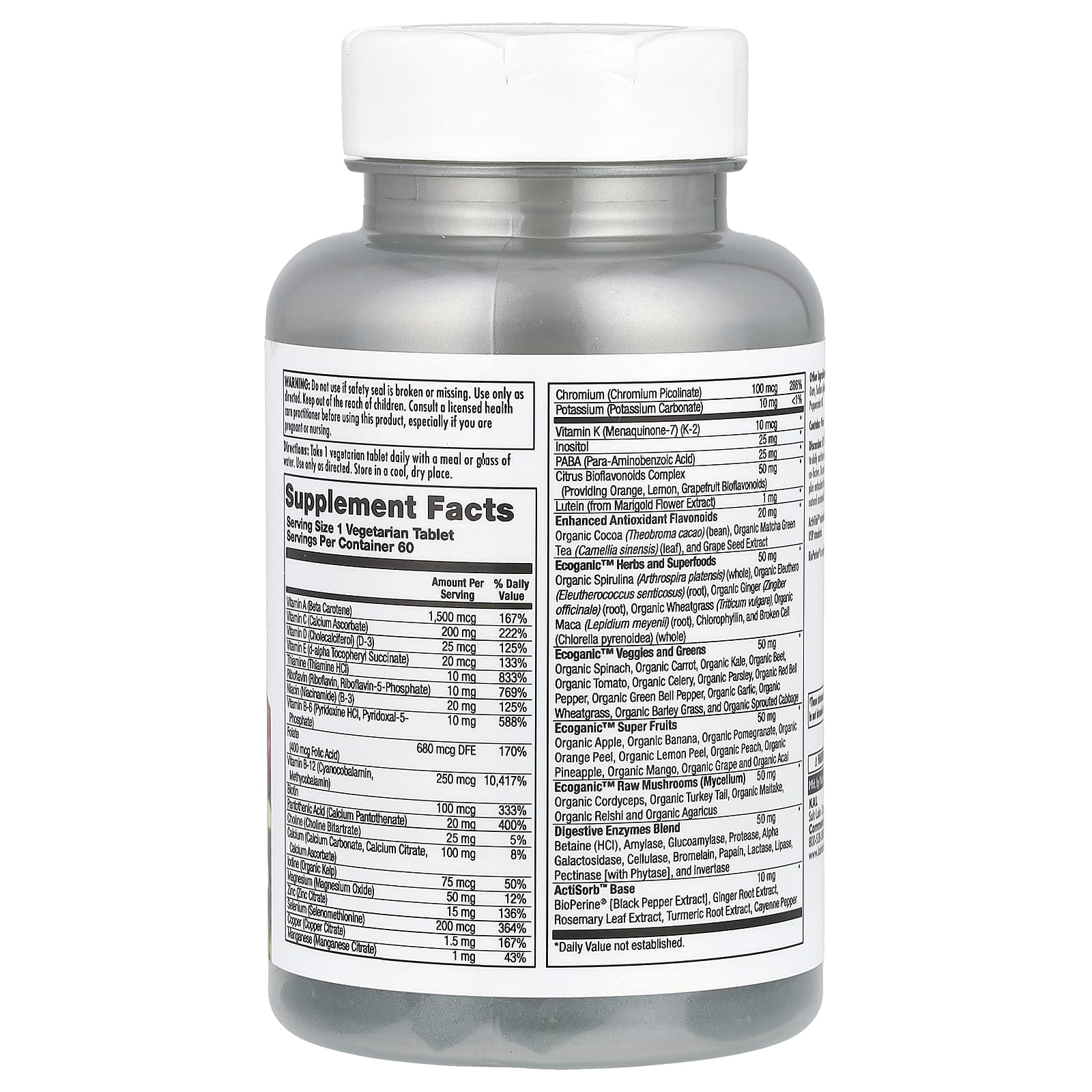 KAL, Enhanced Energy, мультивитамины из цельных продуктов для приема один раз в день, без железа, 60 вегетарианских таблеток