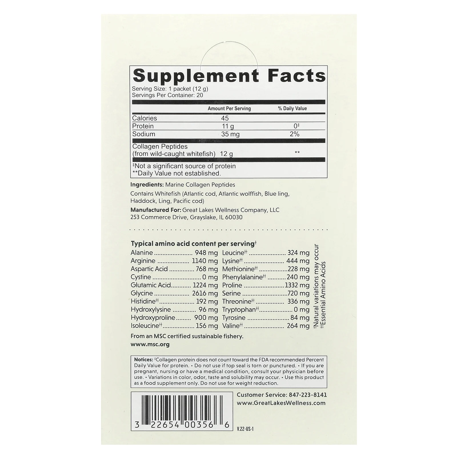 Great Lakes Wellness, Быстрорастворимые пептиды коллагена, Daily Marine, без добавок, 20 пакетиков по 12 г (0,42 унции)
