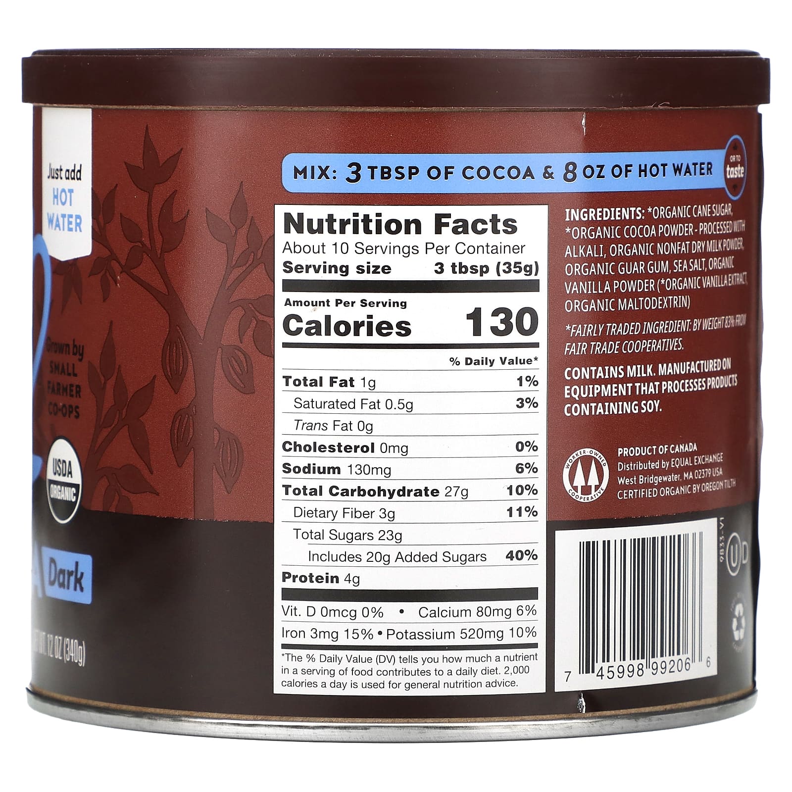 Equal Exchange, органическое горячее какао, темное, 340 г (12 унций)