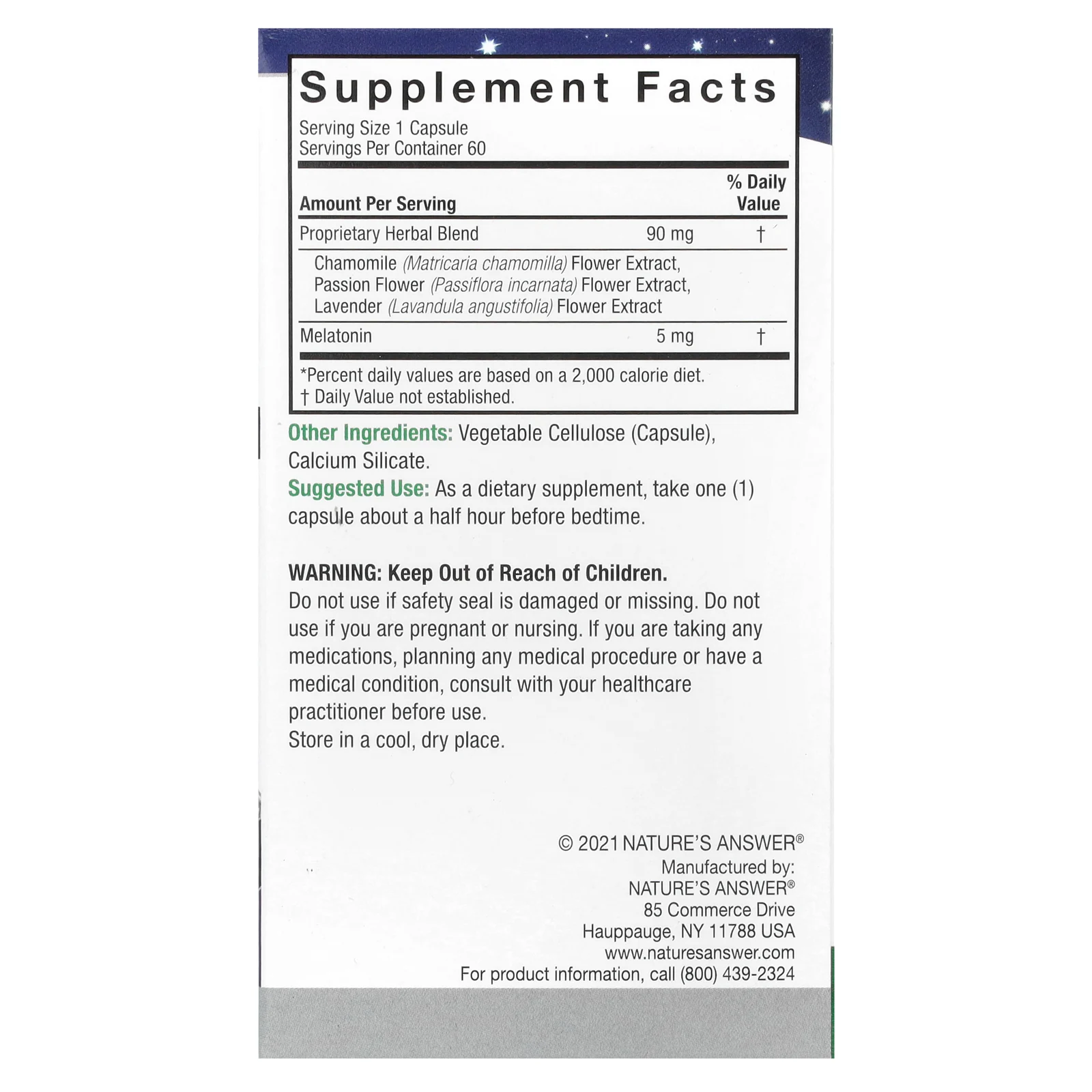Nature's Answer, Мелатонин +, 5 мг, 60 вегетарианских капсул