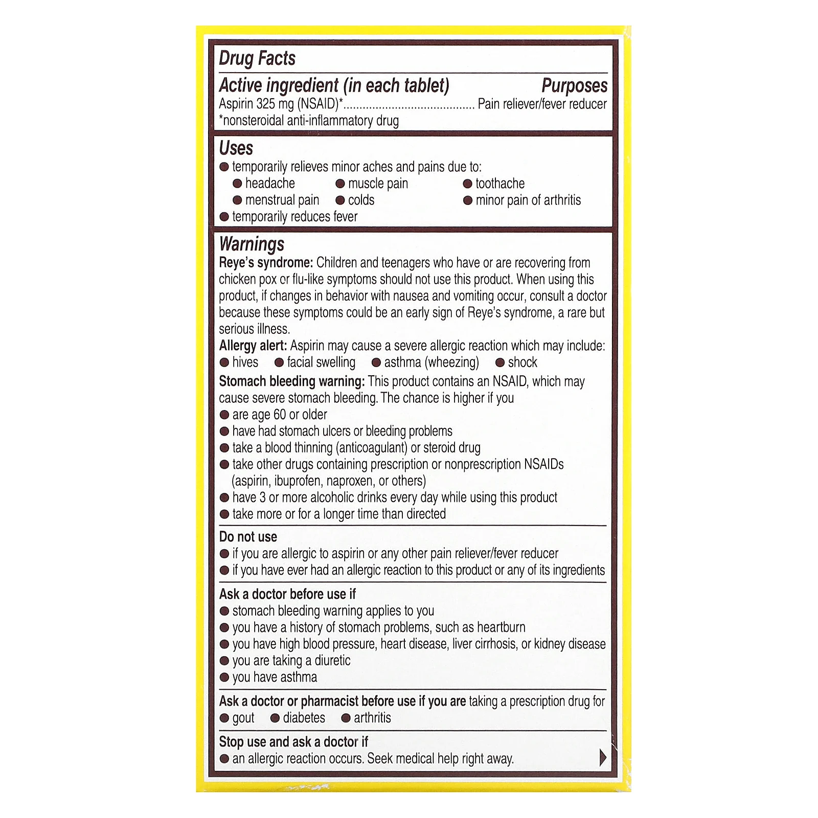 Bayer, Натуральный аспирин, 325 мг, 100 таблеток, покрытых оболочкой