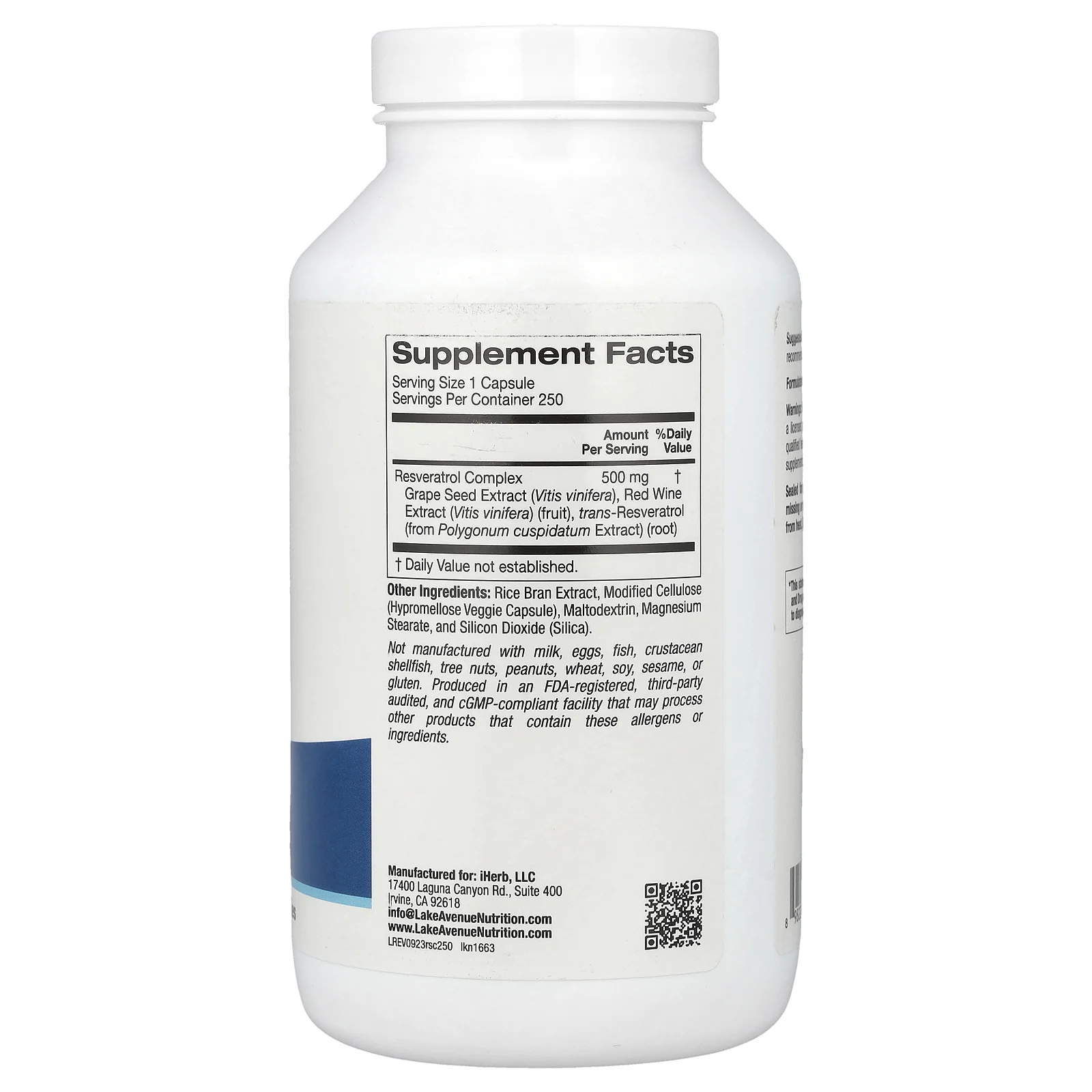 Lake Avenue Nutrition, комплекс с ресвератролом, 500 мг, 250 вегетарианских капсул