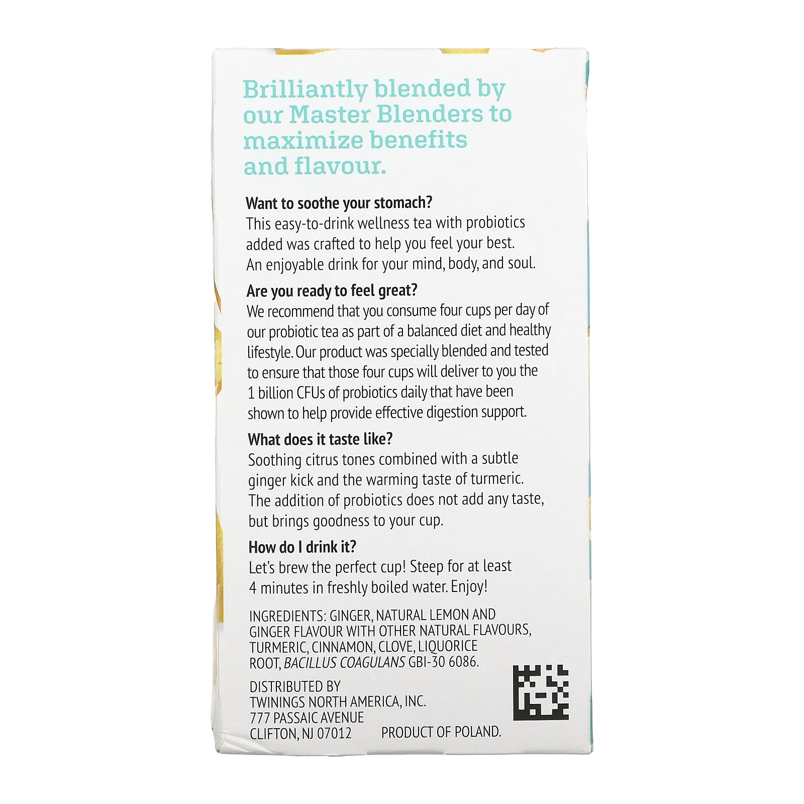 Twinings, Травяной чай со вкусом пробиотиков, лимон и имбирь, без кофеина, 18 чайных пакетиков, 0,95 унции (27 г)