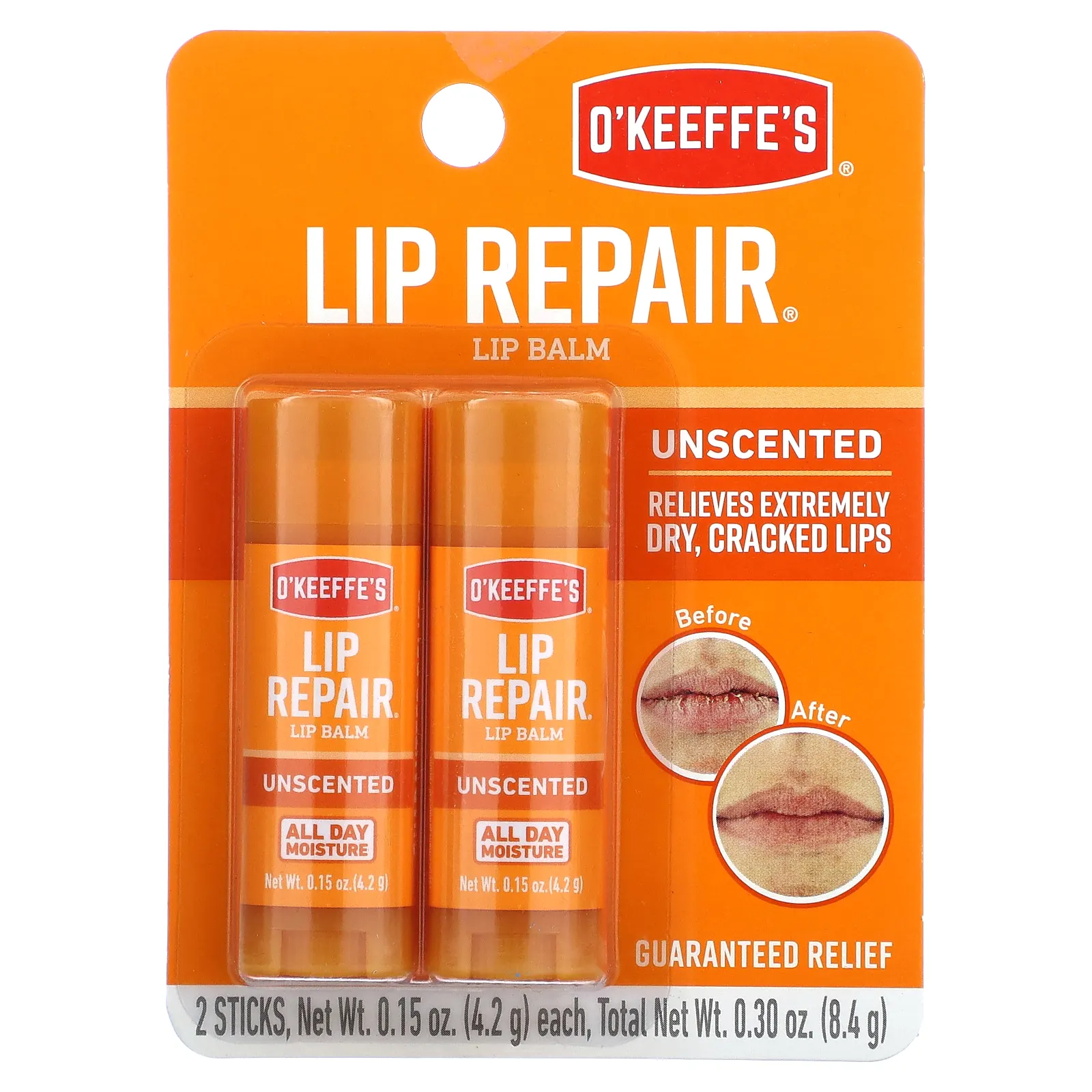 O'Keeffe's, Lip Repair, бальзам для губ, без запаха, 2 палочки по 4,2 г (0,15 унции)