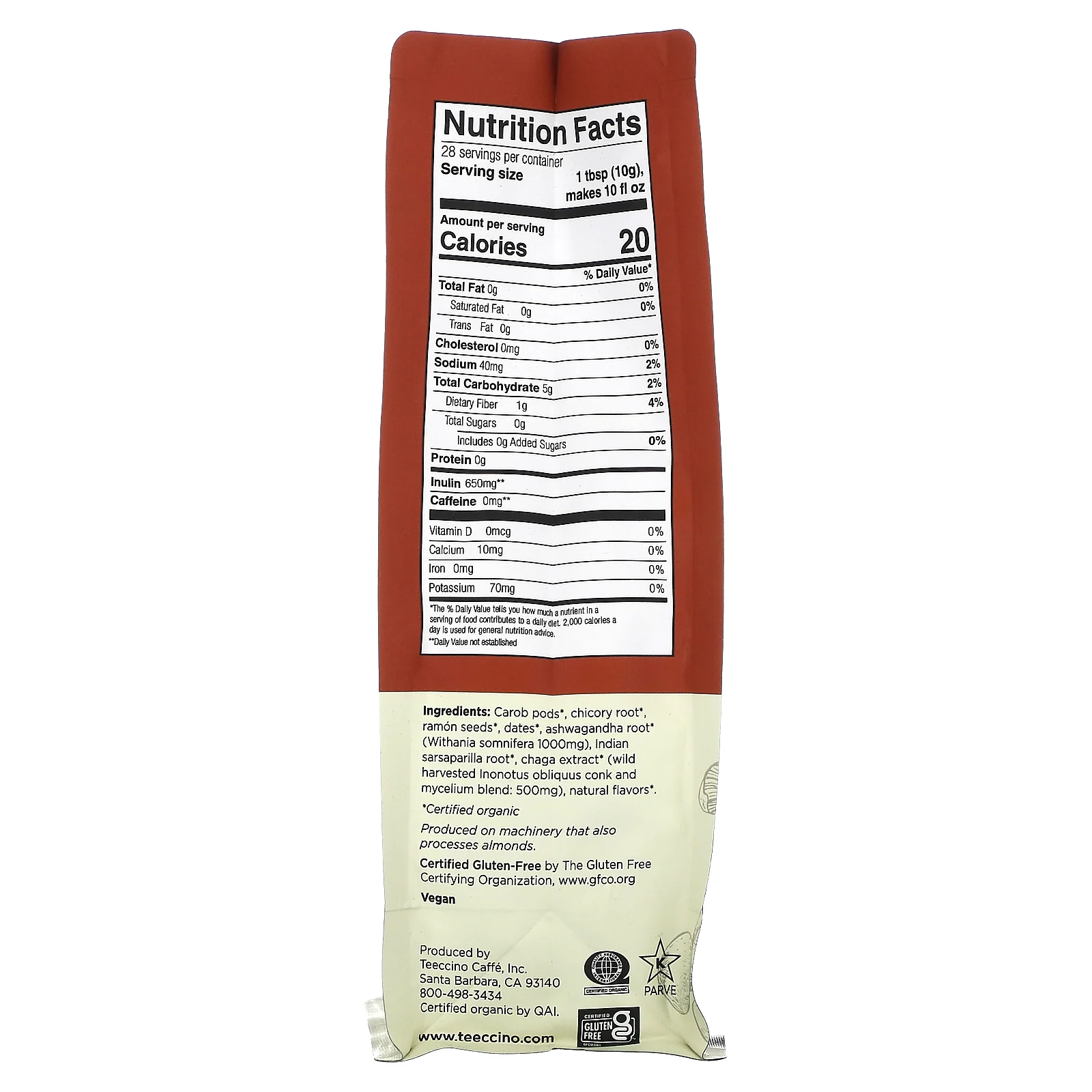 Teeccino, Травяной кофе с грибами, средней обжарки, чага ашваганда, без кофеина, 284 г (10 унций)