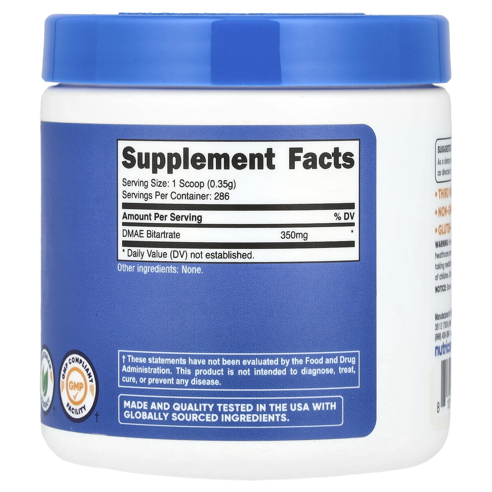 Nutricost, Битартрат ДМАЭ, без добавок, 100 г (3,6 унции)