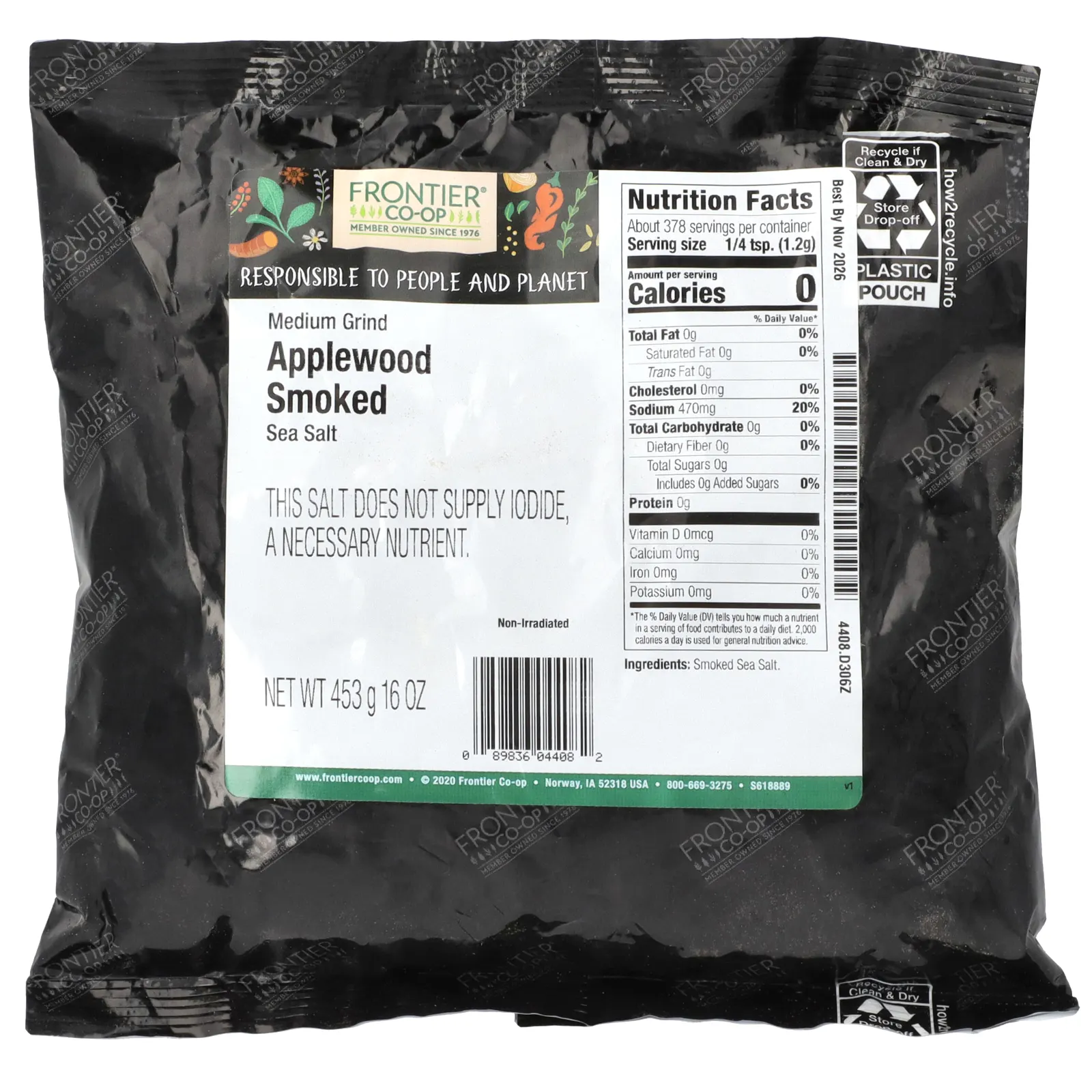 Frontier Co-op, Морская соль, копченая на яблоне, среднего помола, 453 г (16 унций)