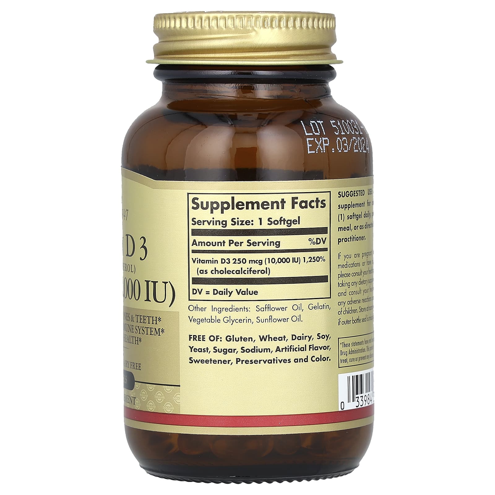 Solgar, витамин D3 (холекальциферол), 250 мкг (10 000 МЕ), 120 капсул