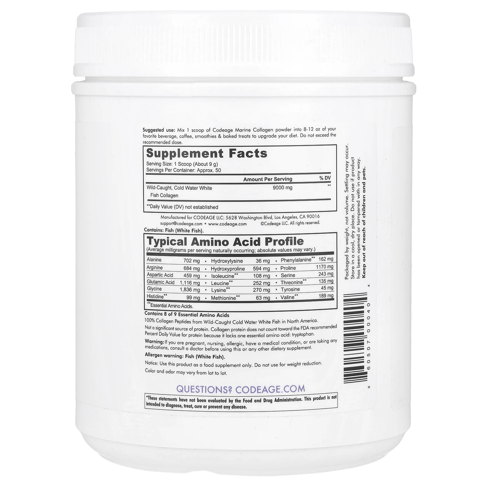 Codeage, пептиды морского коллагена из рыбы дикого улова, в порошке, гидролизованный коллаген, без добавок, 450 г (15,87 унции)