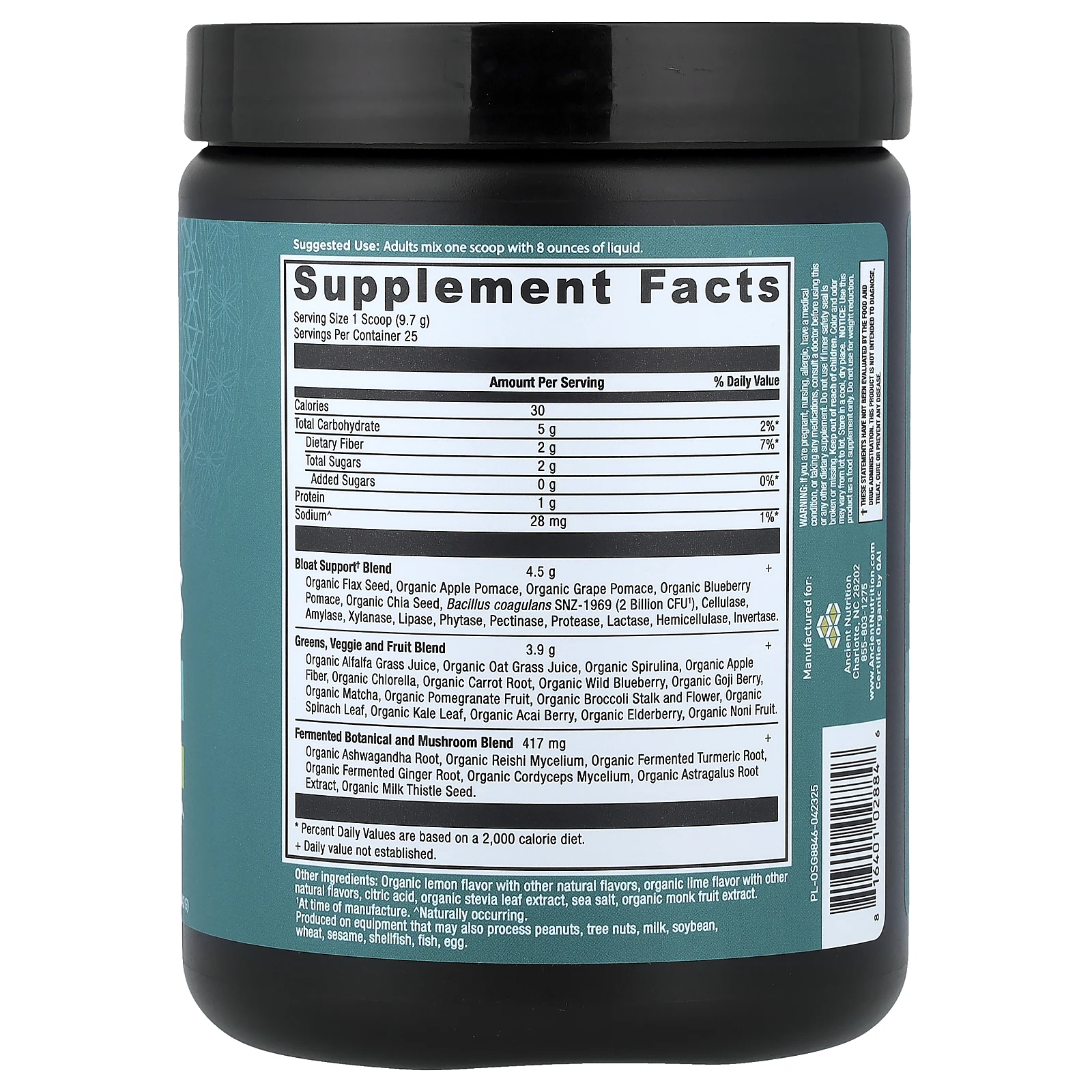 Ancient Nutrition, Organic Super Greens, средство от вздутия живота, цитрус и яблоко, 242 г (8,5 унции)