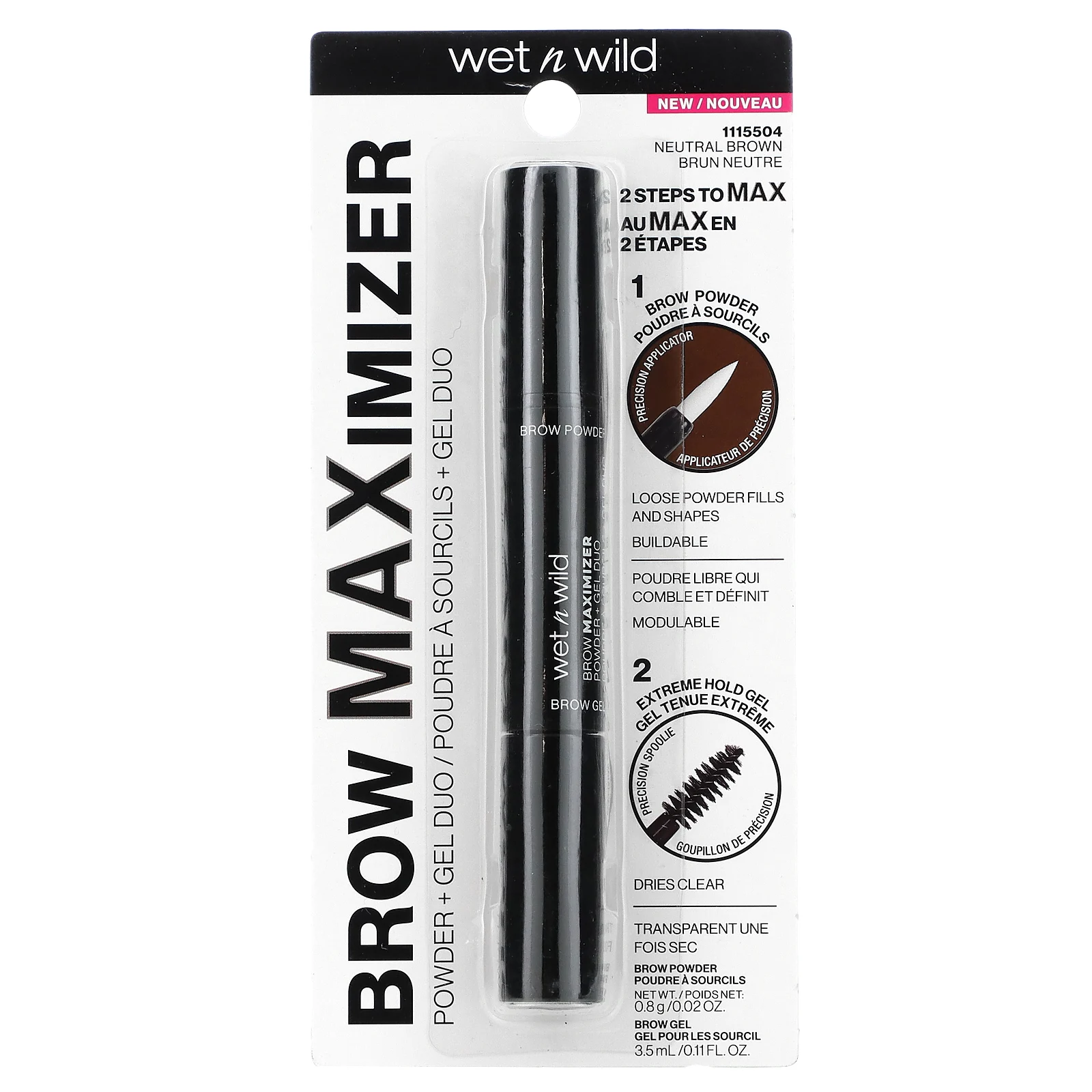wet n wild, Brow Maximizer, пудра + гель Duo, нейтральный коричневый, пудра - 0,8 г (0,02 унции), гель - 3,5 мл (0,11 жидк. Унции)