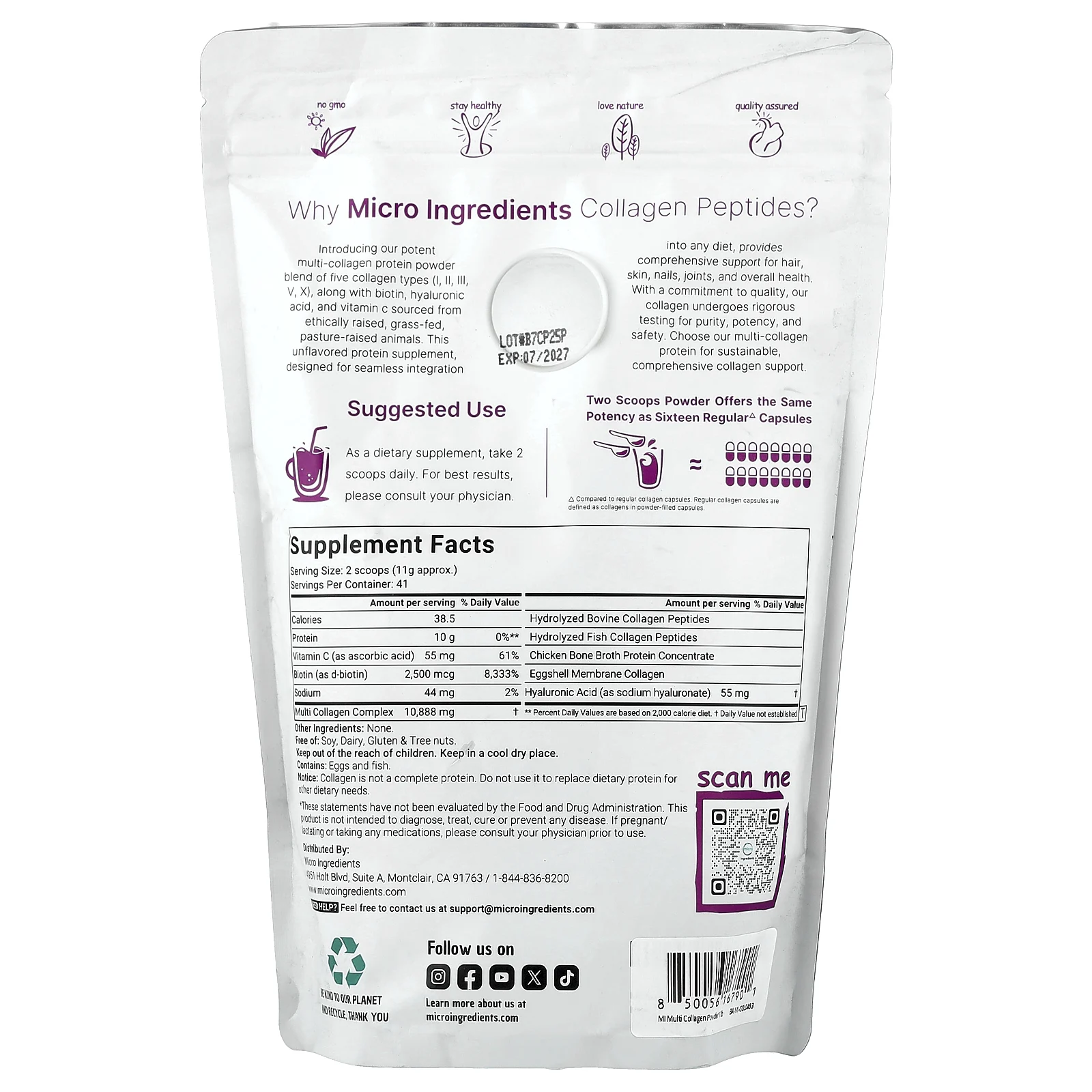 Micro Ingredients, пептиды коллагена нескольких типов, без вкусовых добавок, 454 г (1 фунт)