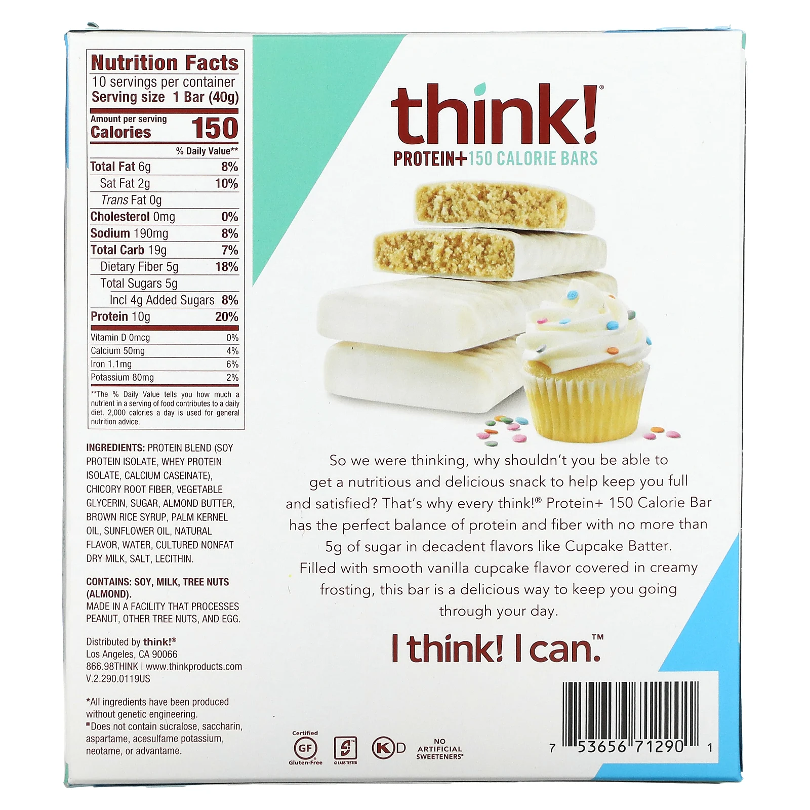 Think !, Protein+, 10 батончиков Cupcake Batter по 40 г (1,41 унции) и 150 калорий каждый