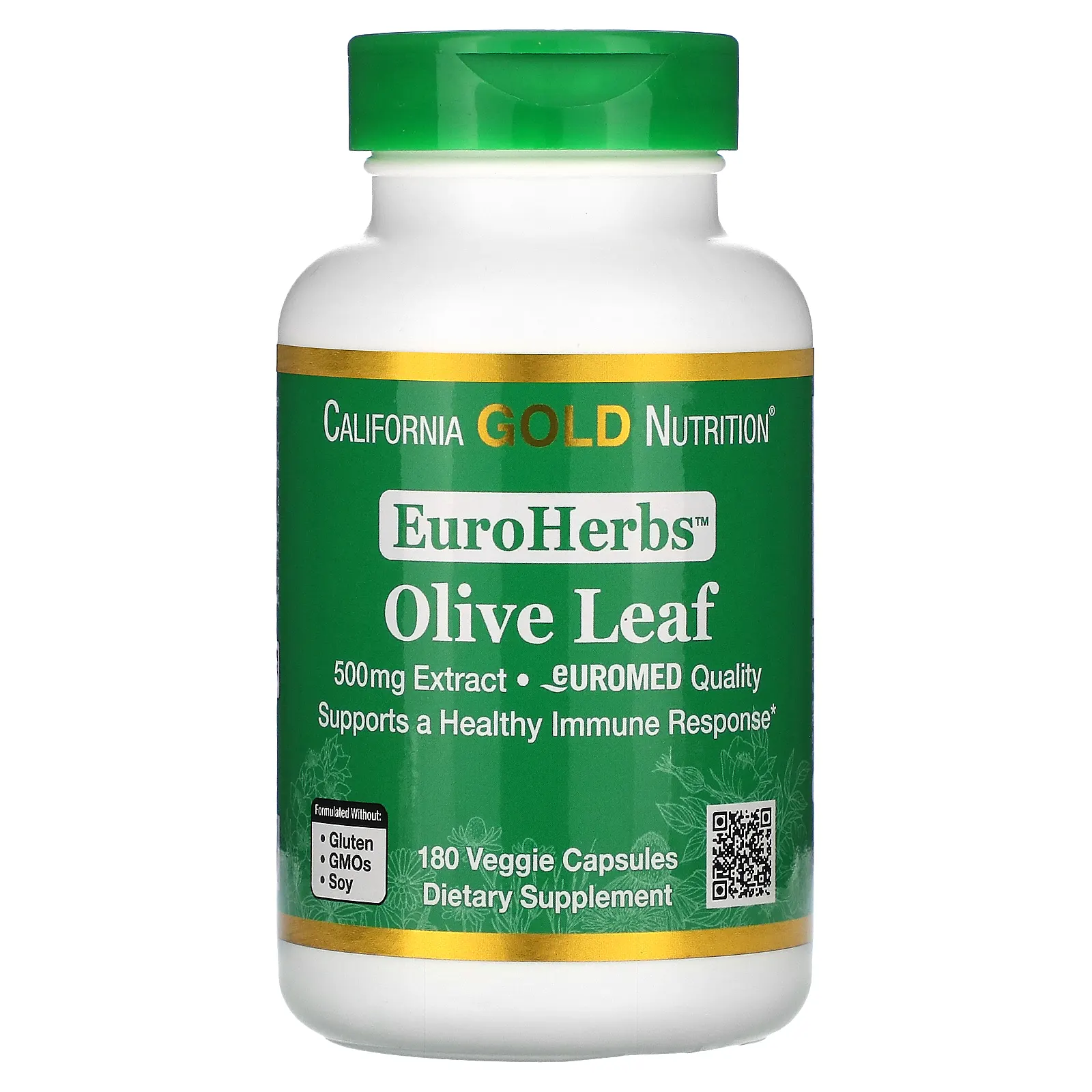 California Gold Nutrition, EuroHerbs, экстракт листьев оливкового дерева, европейское качество, 500 мг, 180 растительных капсул