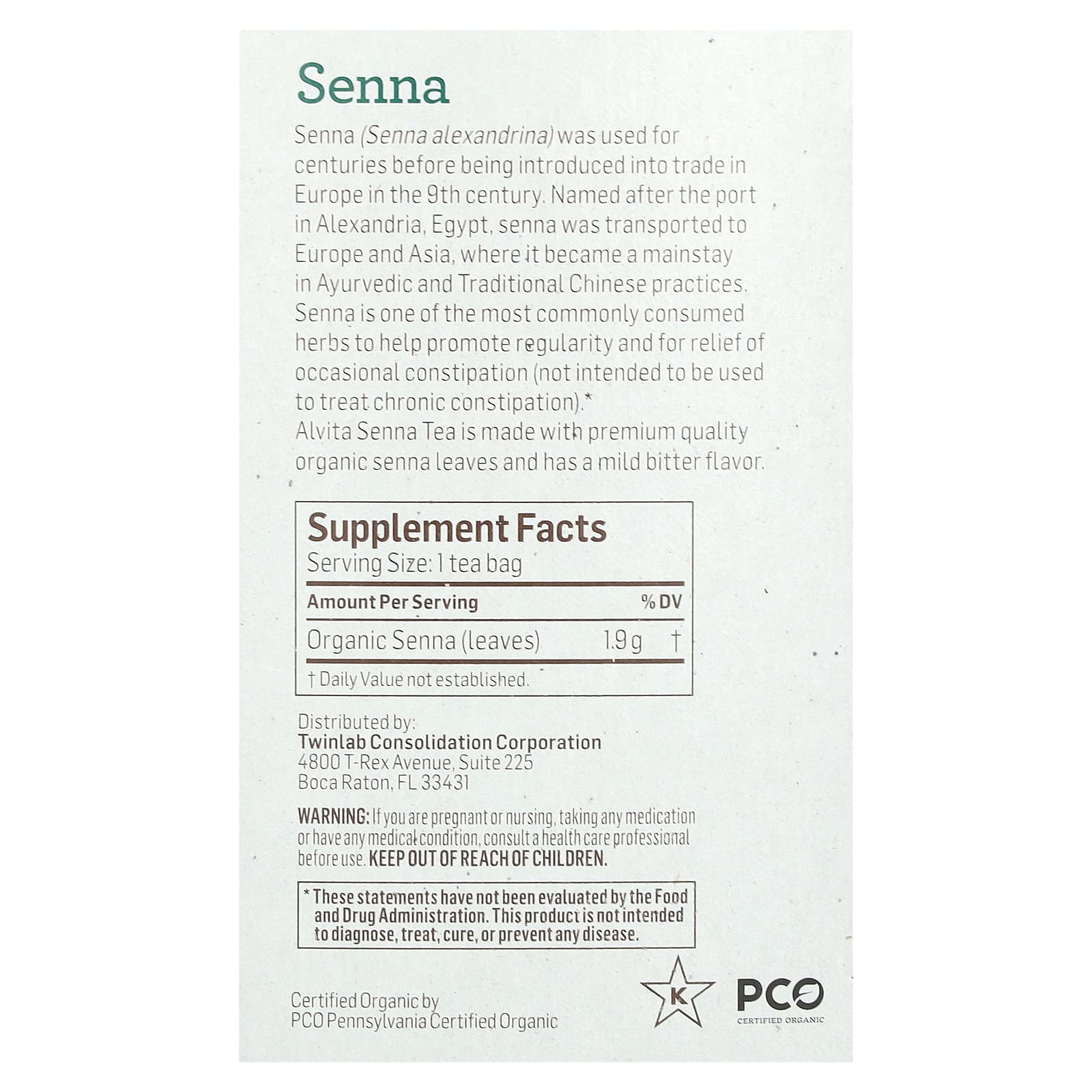 Alvita Teas, органический растительный чай из сенны, без кофеина, 16 индивидуально упакованных чайных пакетиков, 30,4 г (1,07 унции)