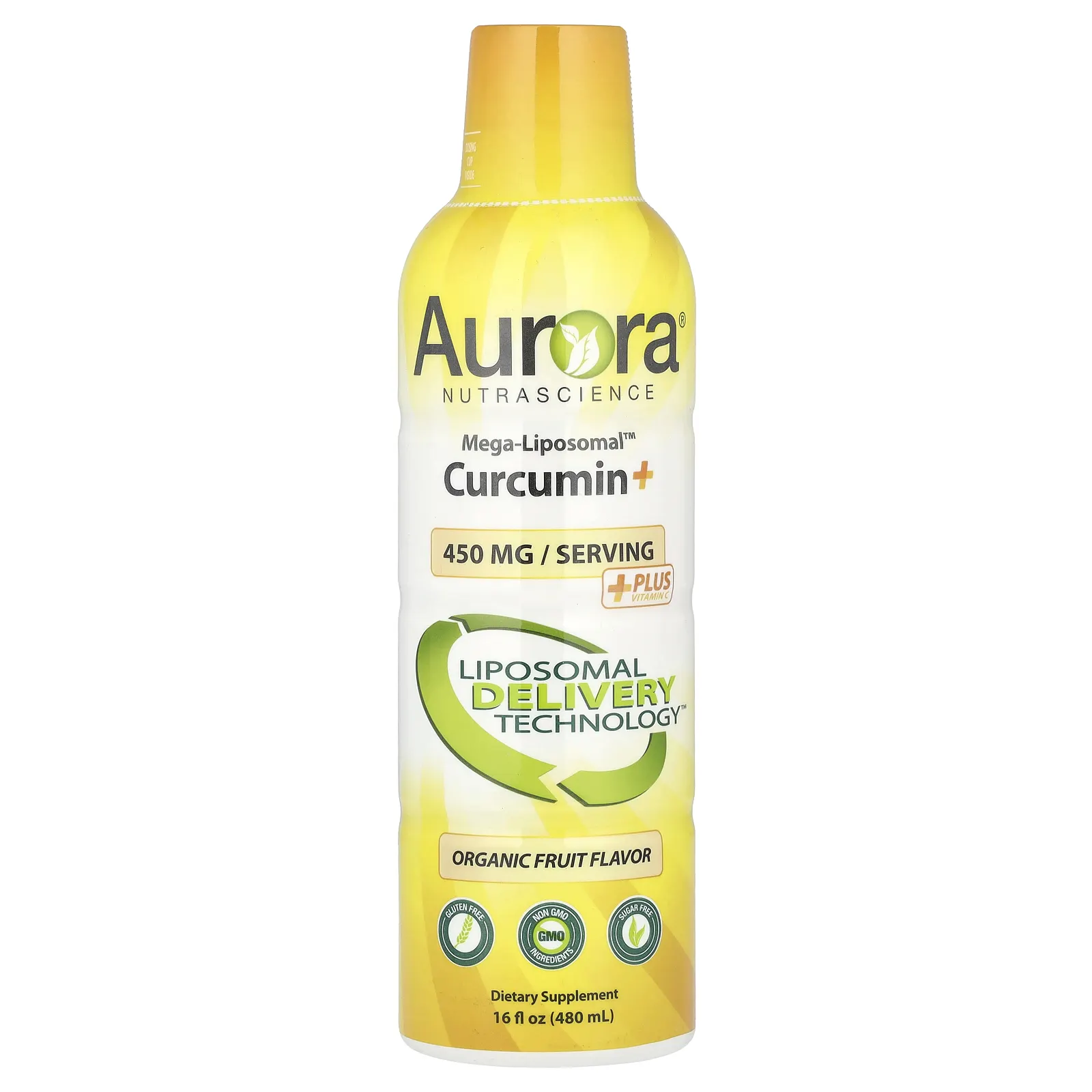 Aurora Nutrascience, Mega-Liposomal Curcumin+, мега липосомальный куркумин, со вкусом органических фруктов, 600 мг, 480 мл (16 жидк. унций)