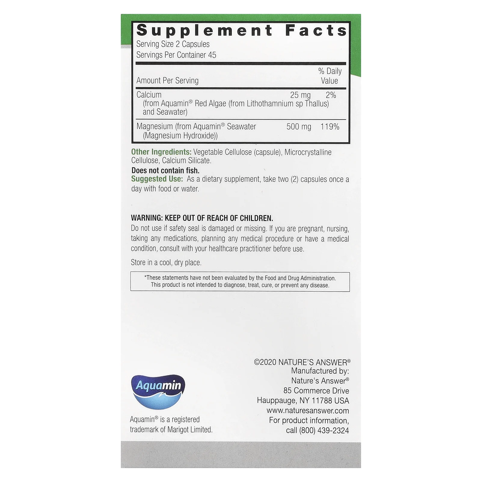 Nature's Answer, магний на основе морского происхождения, 500 мг, 90 вегетарианских капсул (250 мг в 1 капсуле)