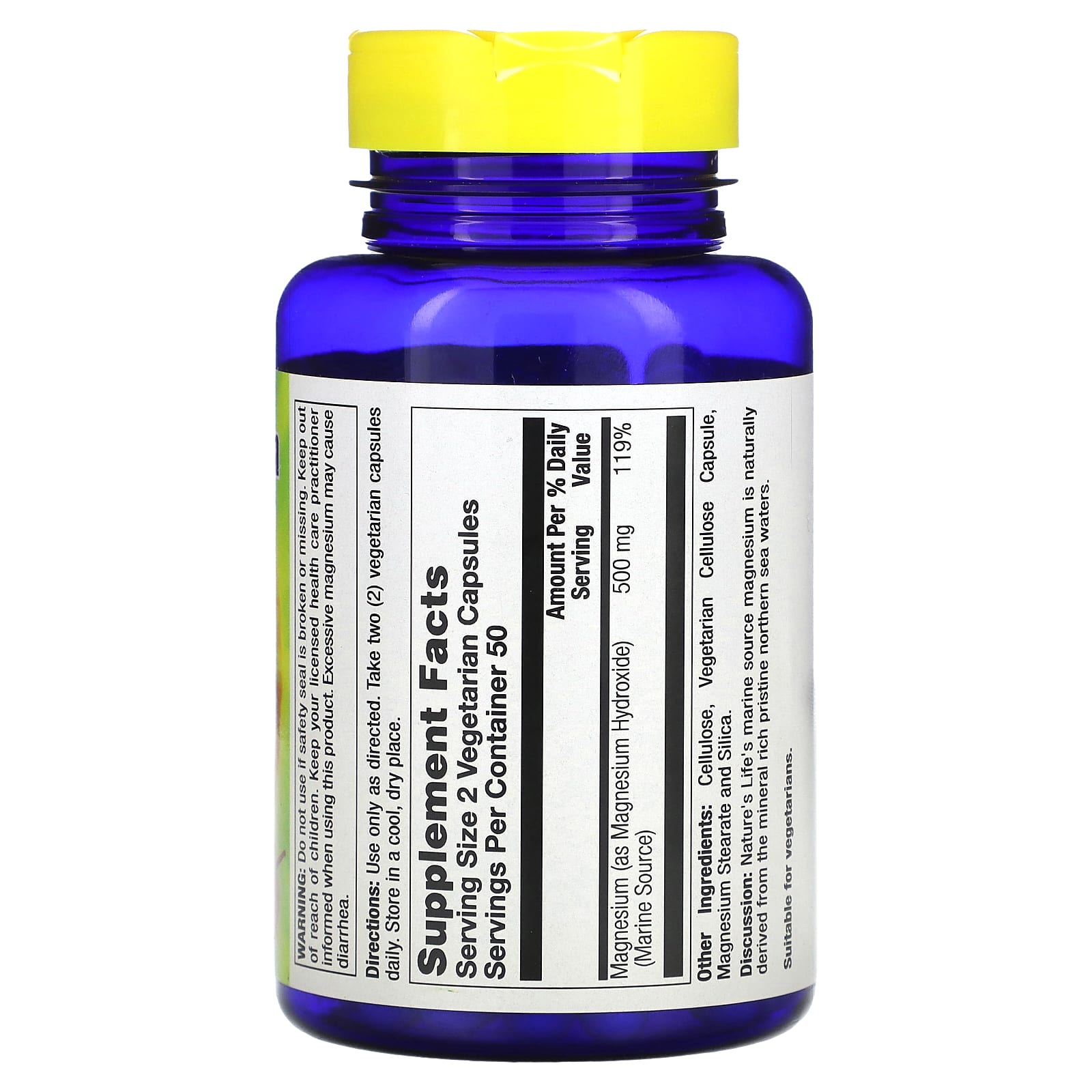 Nature's Life, морской магний, 500 мг, 100 вегетарианских капсул (250 мг в 1 капсуле)