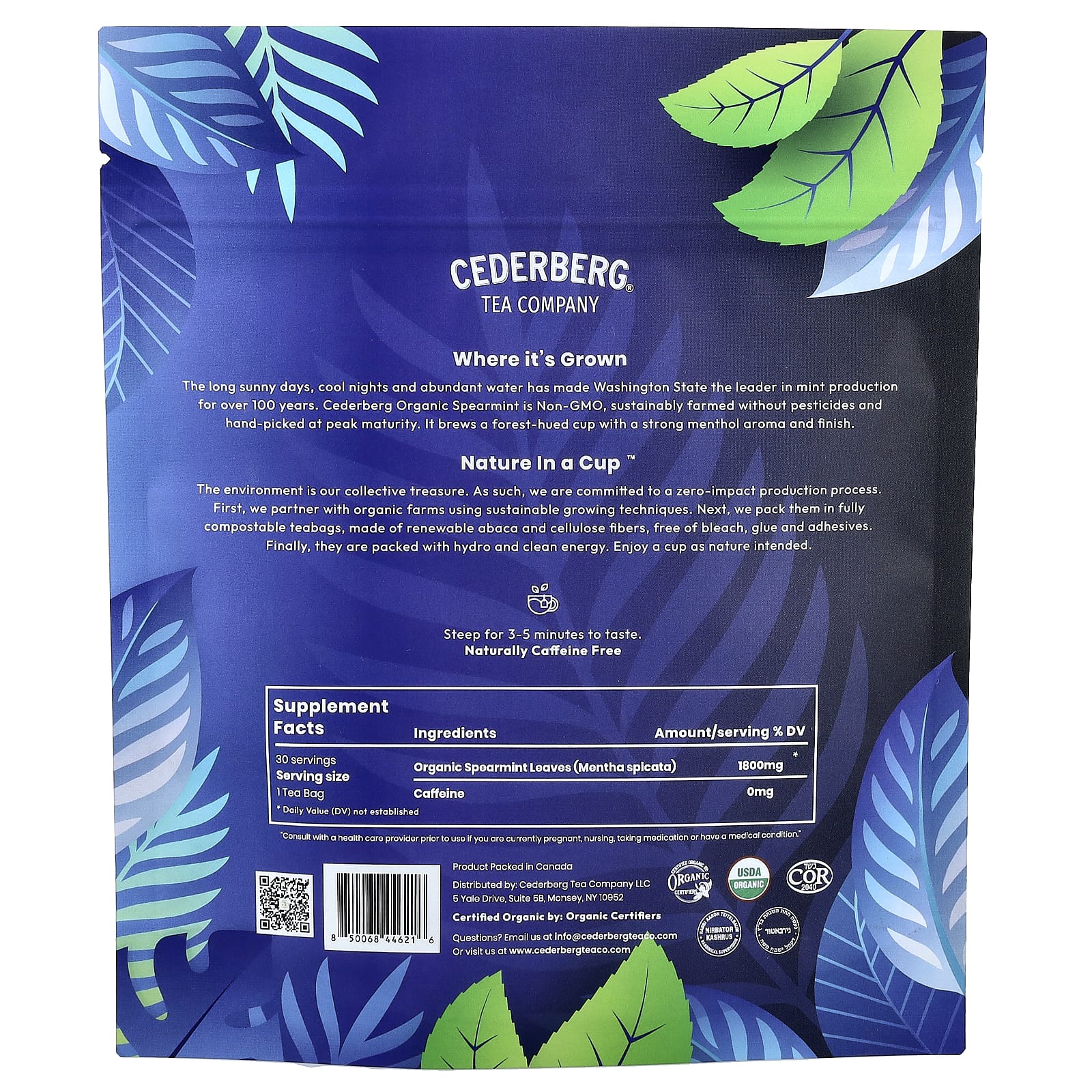 Cederberg Tea Co, Одноместный чай, органическая кудрявая мята, без кофеина, 30 натуральных чайных пакетиков, 42 г (1,48 унции)
