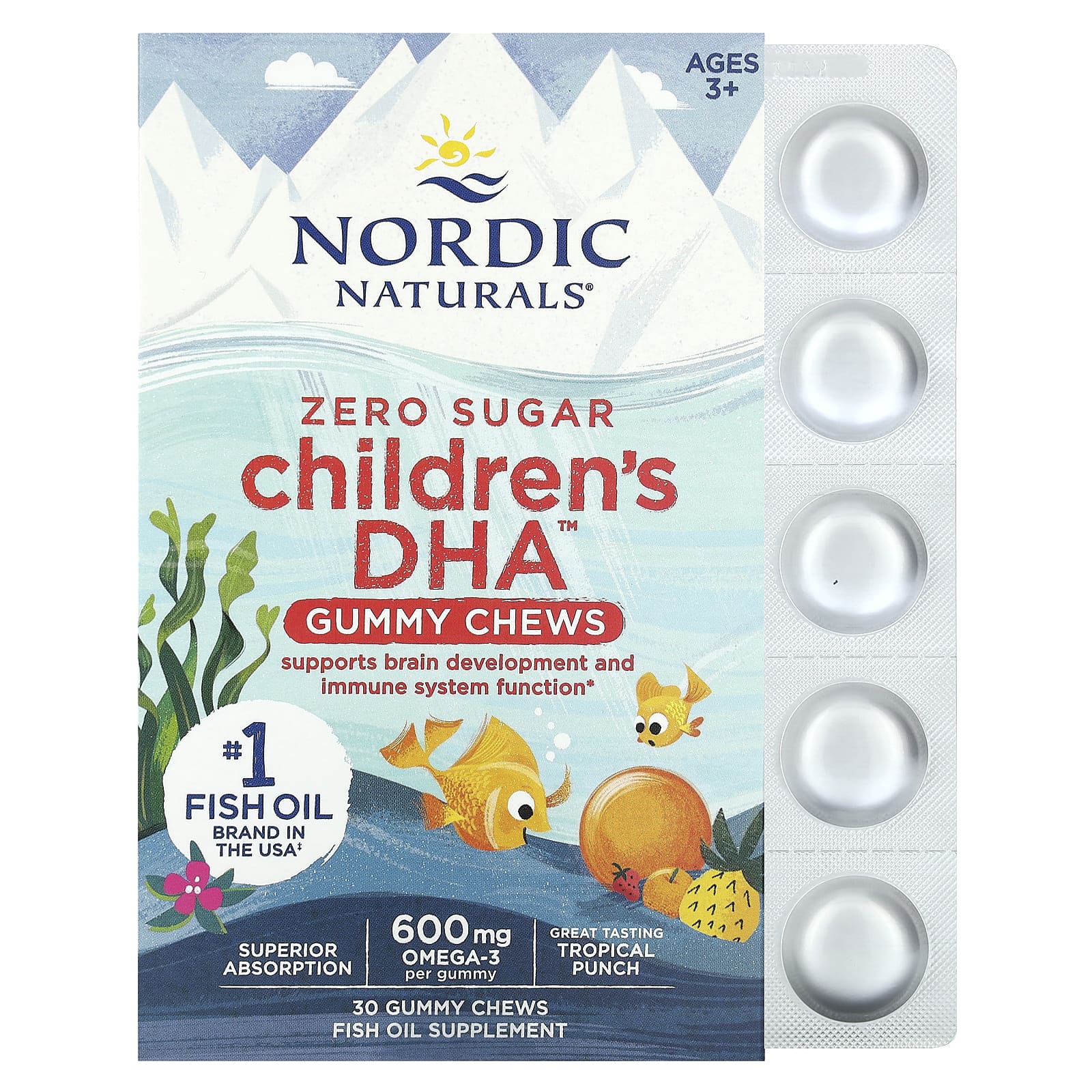 Nordic Naturals, Children's DHA, жевательные таблетки с ДГК, для детей от 3 лет, со вкусом тропических фруктов, 600 мг, 30 жевательных таблеток