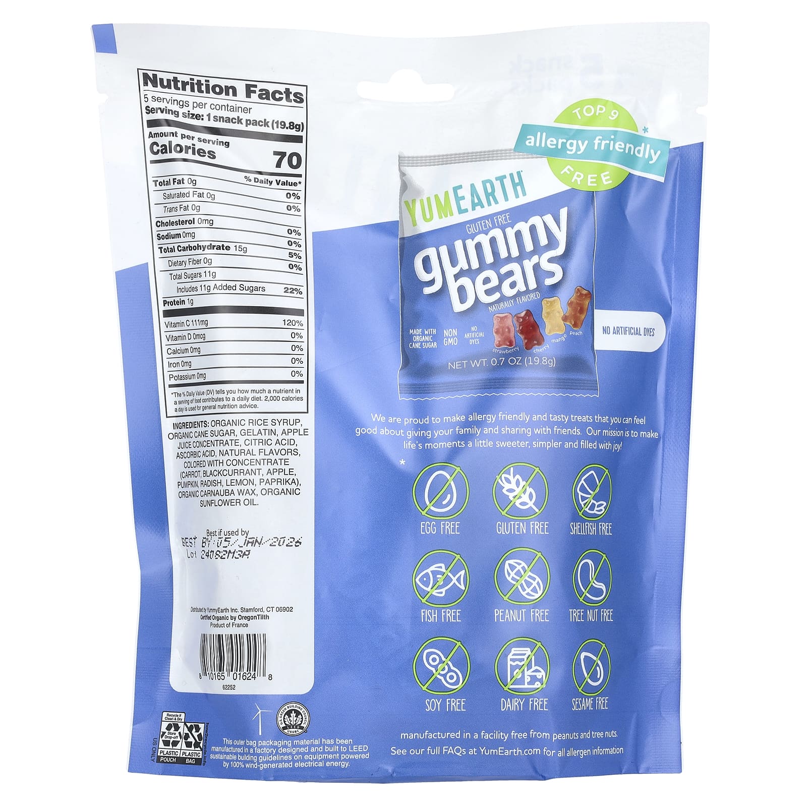 YumEarth, Жевательные мишки без глютена, клубника, вишня, манго, персик, 5 пакетиков, по 19,8 г (0,7 унции)