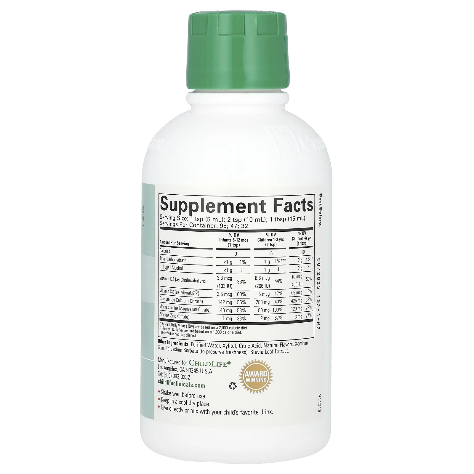 ChildLife Clinicals, жидкая добавка с кальцием, магнием и витаминами D3 и K2, повышенная сила действия, с натуральным апельсиновым вкусом, 473 мл (16 жидк. унций)