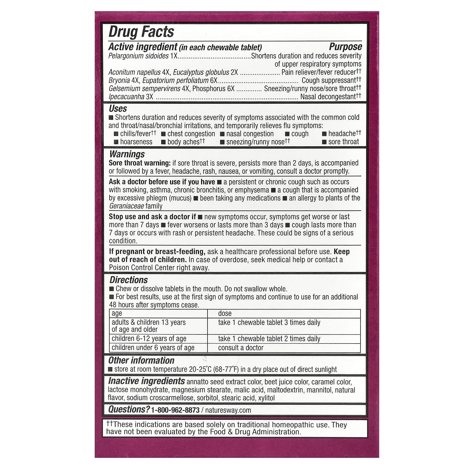 Nature's Way, Umcka, жевательные таблетки для облегчения простуды и гриппа, для детей от 6 лет, ягодный вкус, 20 таблеток