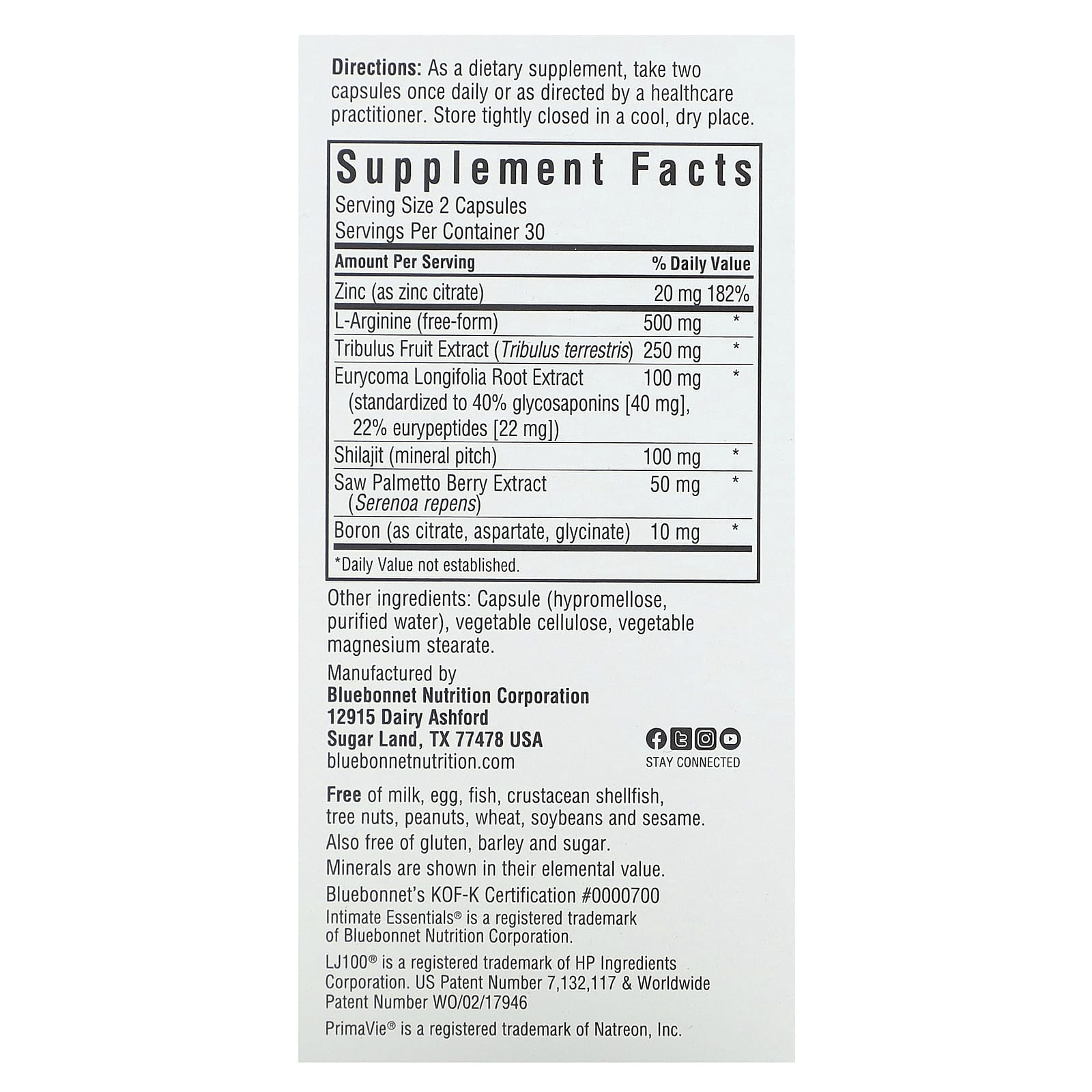 Bluebonnet Nutrition, Intimate Essentials, для него, повышение тестостерона и либидо, 60 вегетарианских капсул