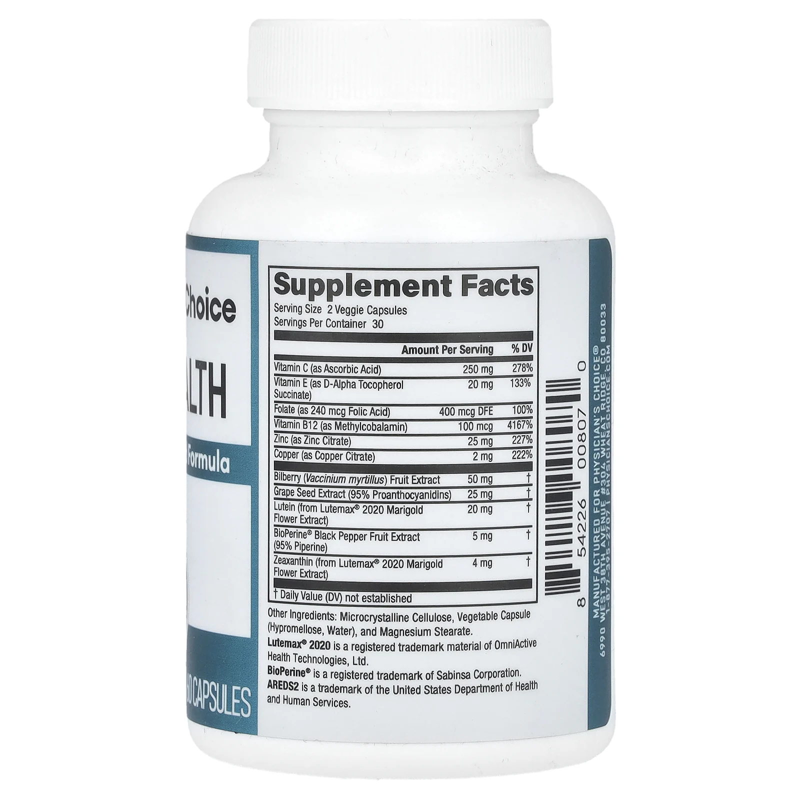 Physician's Choice, Формула на основе Areds2, 60 растительных капсул