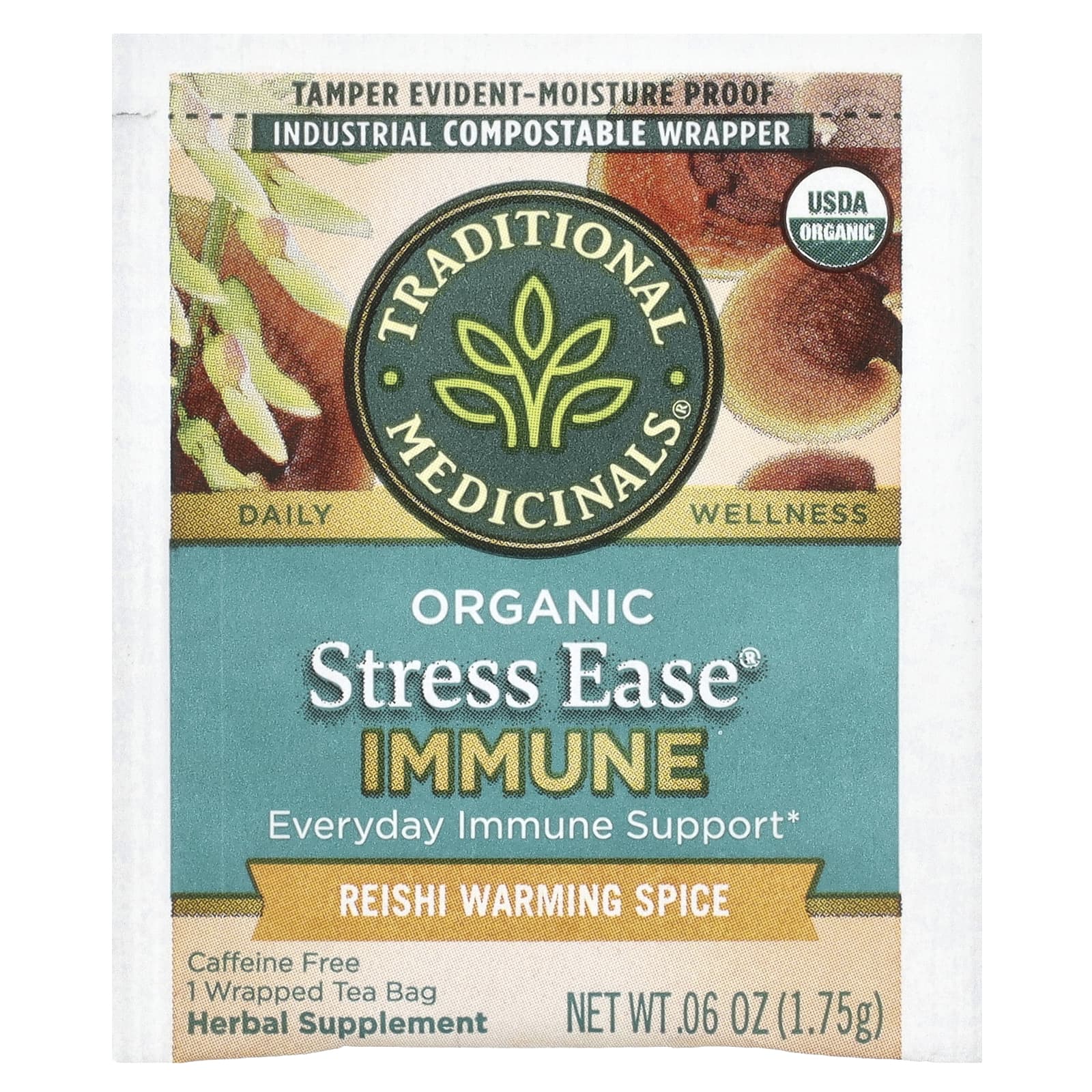 Traditional Medicinals, органическая Stress Ease Immune, согревающая приправа рейши, без кофеина, 16 чайных пакетиков в упаковке, 28 г (0,99 унции)