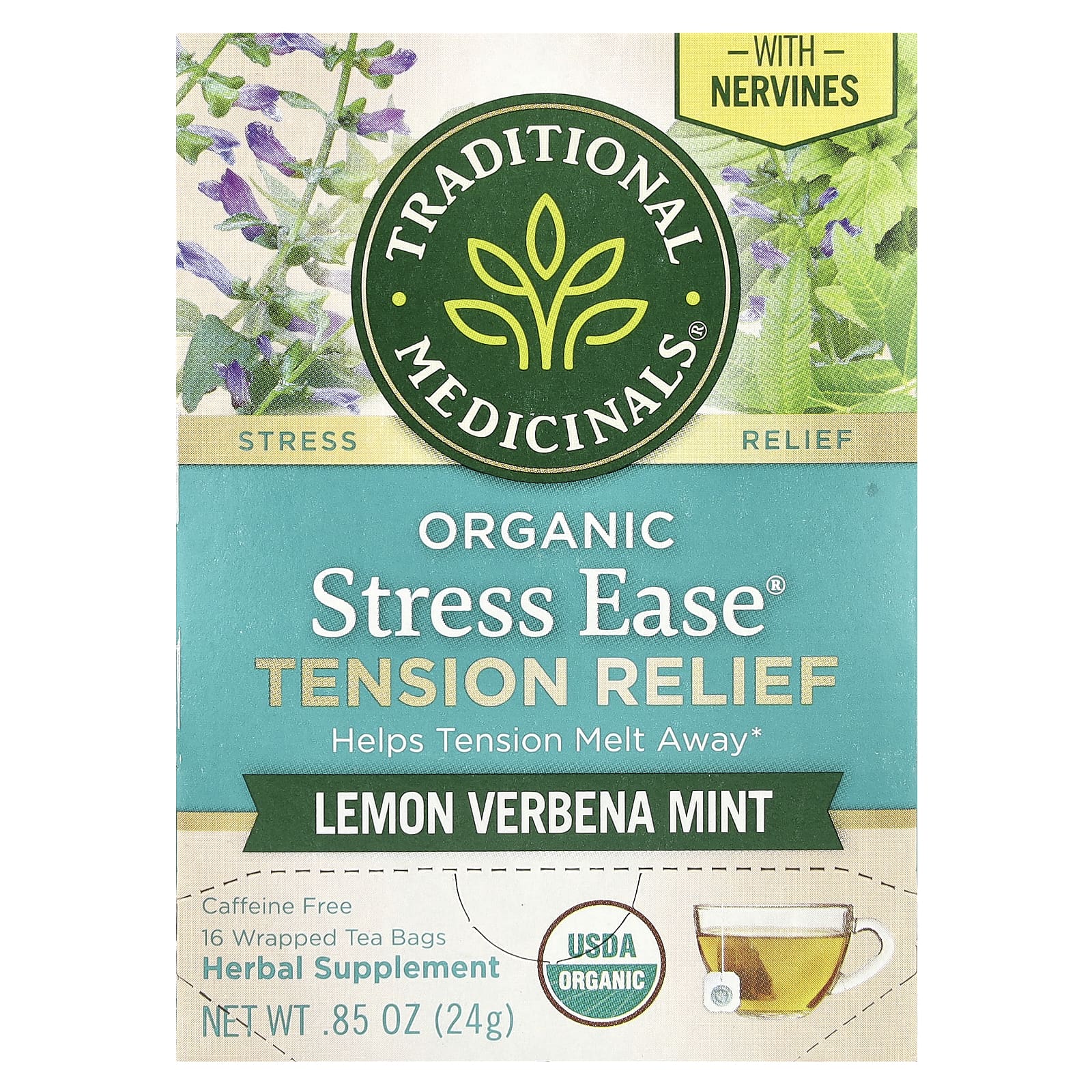 Traditional Medicinals, Organic Stress Ease®, средство для снятия напряжения, лимонная вербена и мята, без кофеина, 16 чайных пакетиков в упаковке, 24 г (0,85 унции)
