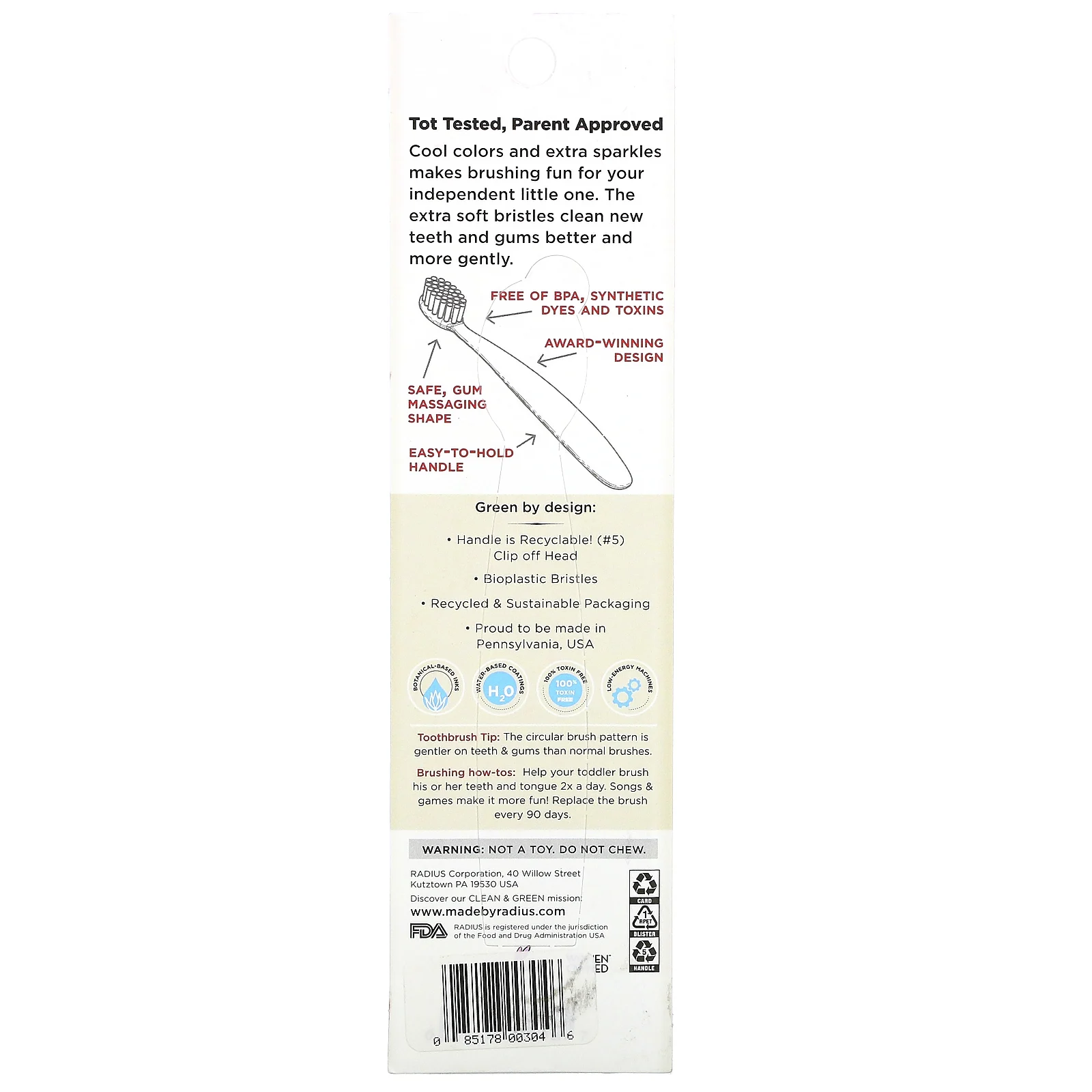 RADIUS, Totz Toothbrush, супермягкая зубная щетка, для малышей от 18 месяцев, лиловая с блестками, 1 шт.