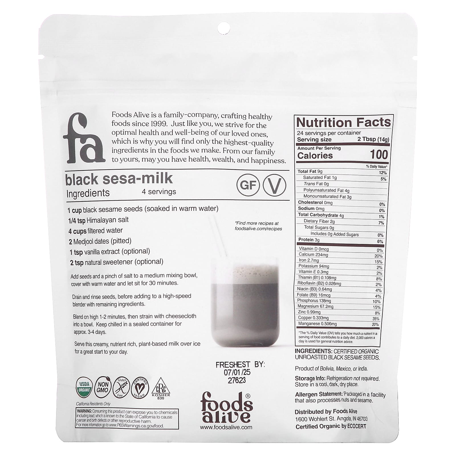 Foods Alive, Органический черный кунжут, семена, 340 г (12 унций)