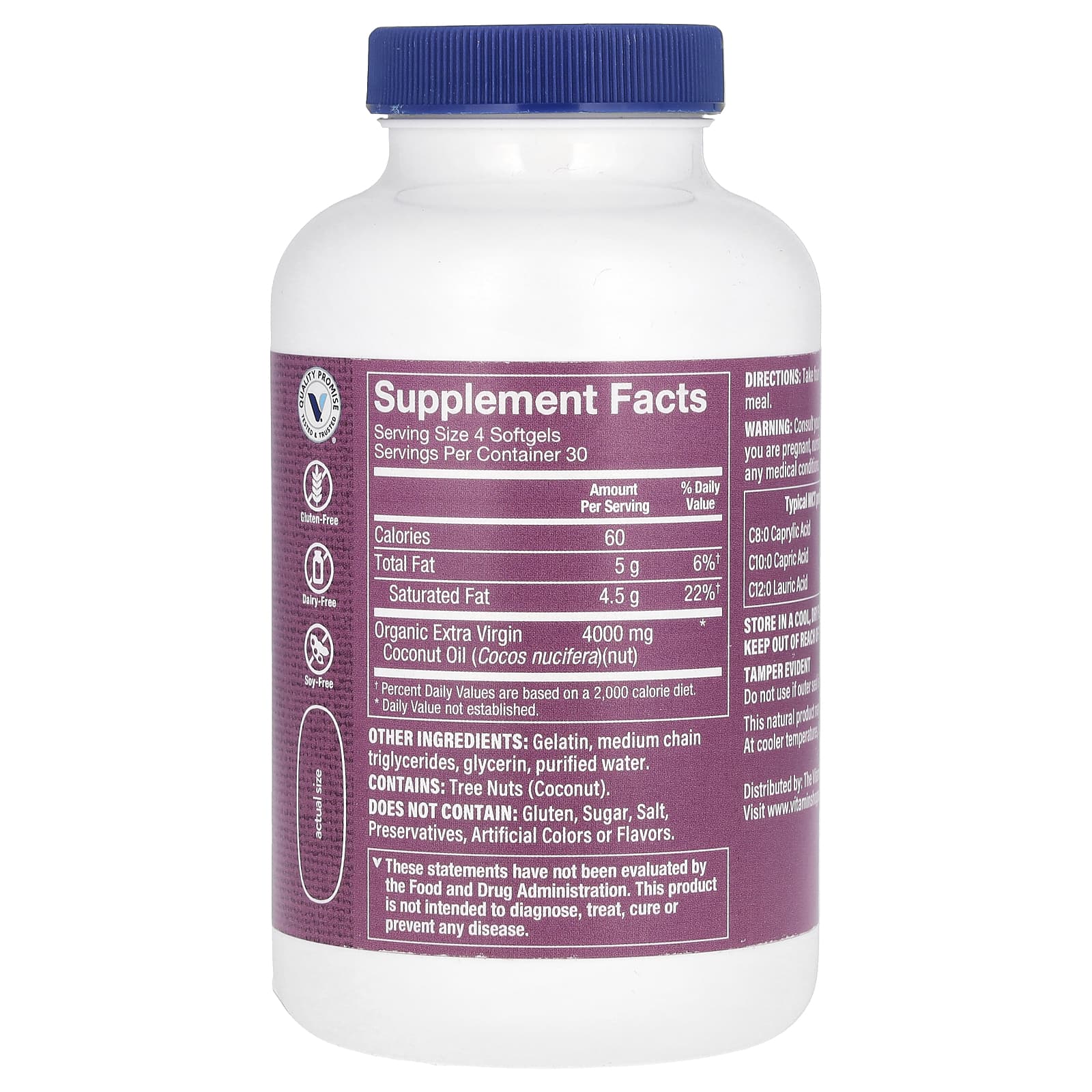 The Vitamin Shoppe, Кокосовое масло холодного отжима, 4000 мг, 120 капсул (1000 мг в каждой капсуле)