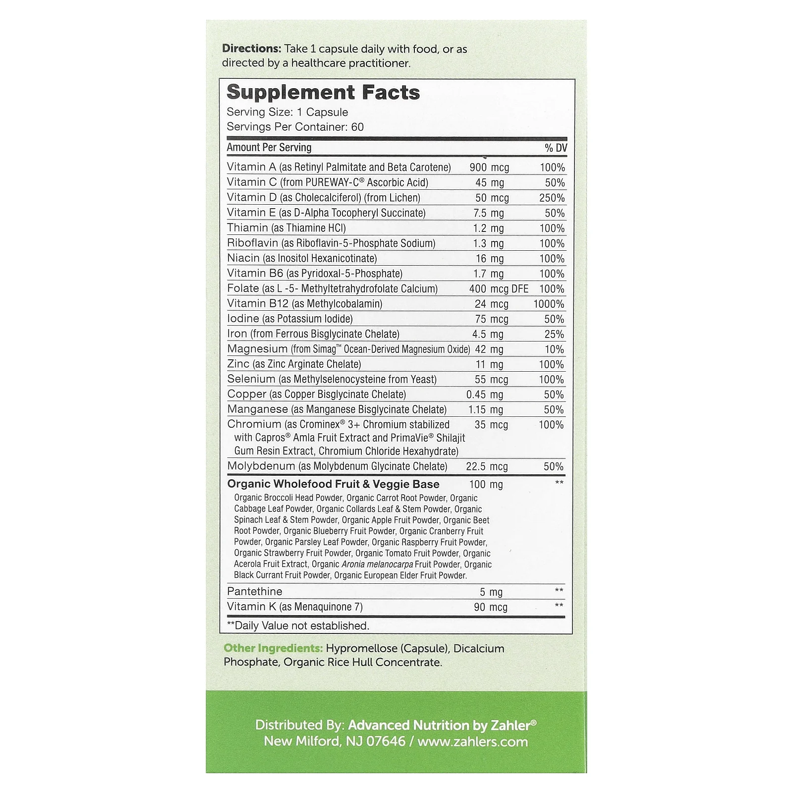 Zahler, One Daily, мультивитамины для ежедневного приема, с 20 витаминами и минералами + смесь Spectra, 60 капсул