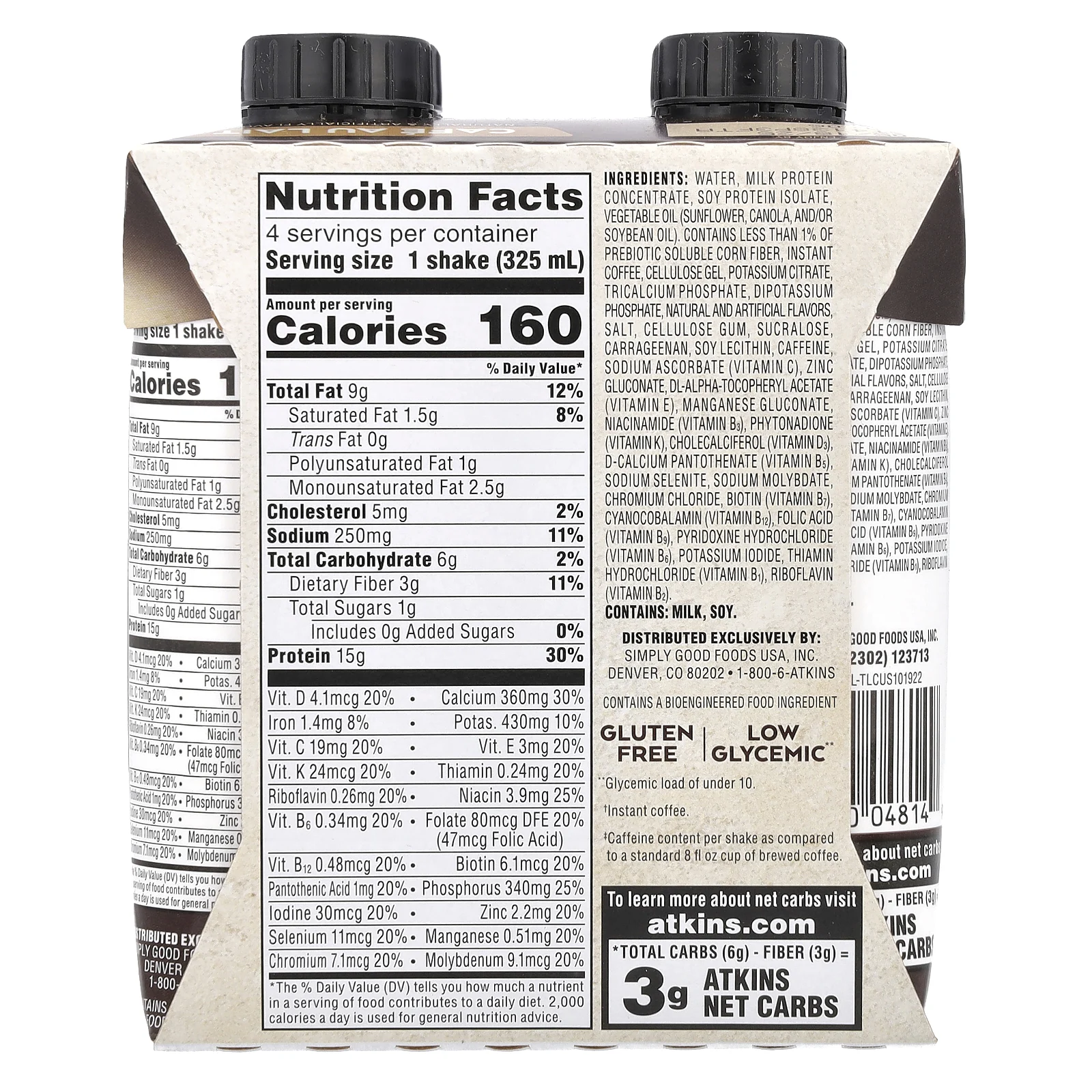 Atkins, Кофейный протеиновый коктейль со льдом, Cafe Au Lait, 4 коктейля, 325 мл (11 жидк. Унций)