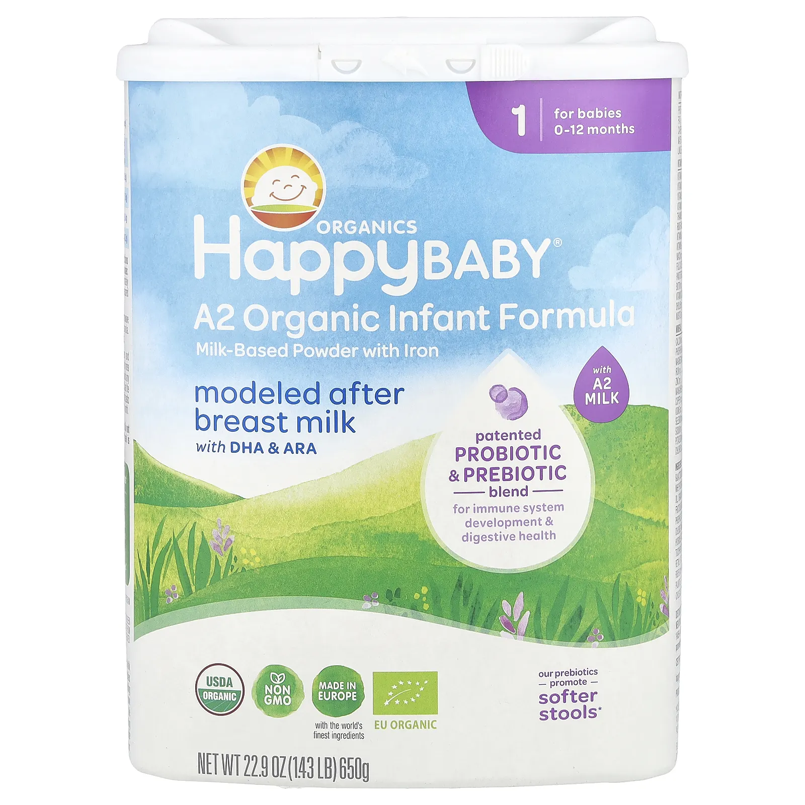 Happy Family Organics, Органическая смесь для младенцев A2, порошок на основе молока с железом, 0–12 месяцев, 650 г (22,9 унции)