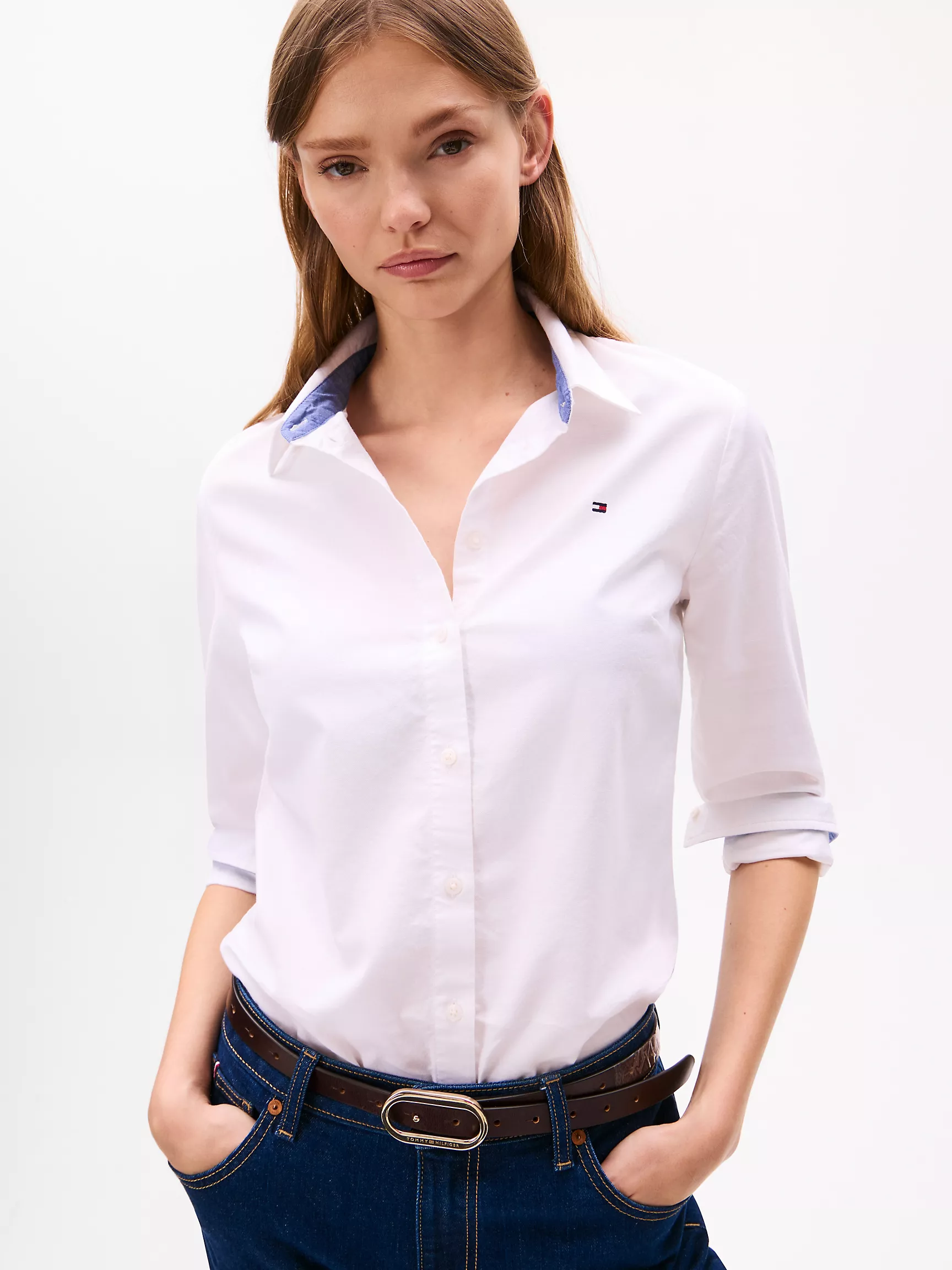 Женская рубашка Tommy Hilfiger, Однотонная эластичная оксфордская рубашка стандартного кроя