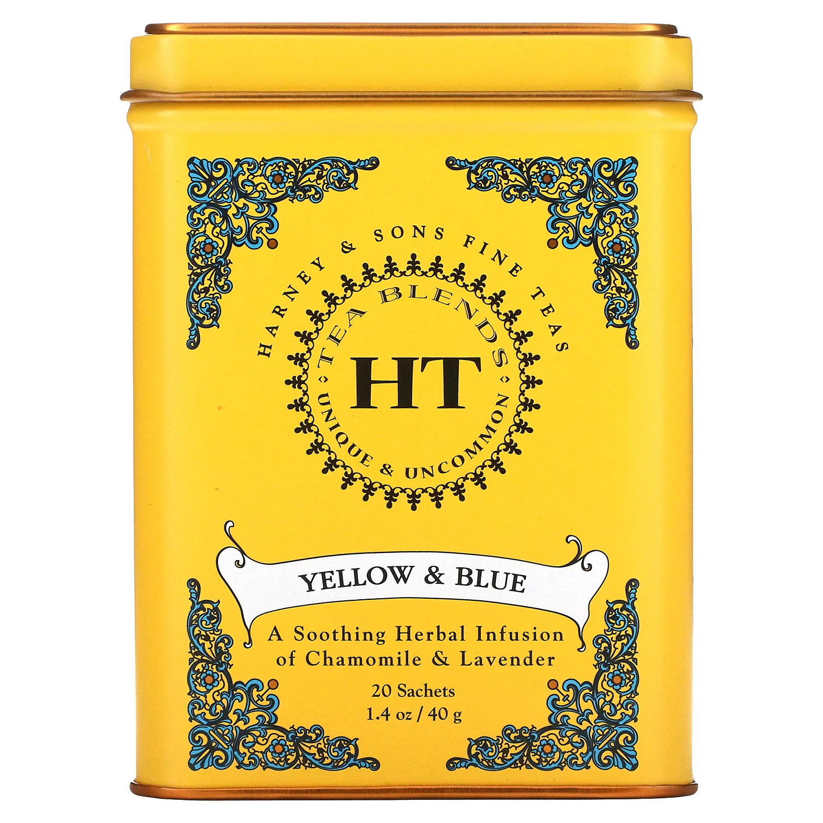 Harney & Sons, HT Tea Blend, желтый и голубой, ромашка и лаванда, без кофеина, 20 чайных саше, 40 г (1,4 унции)