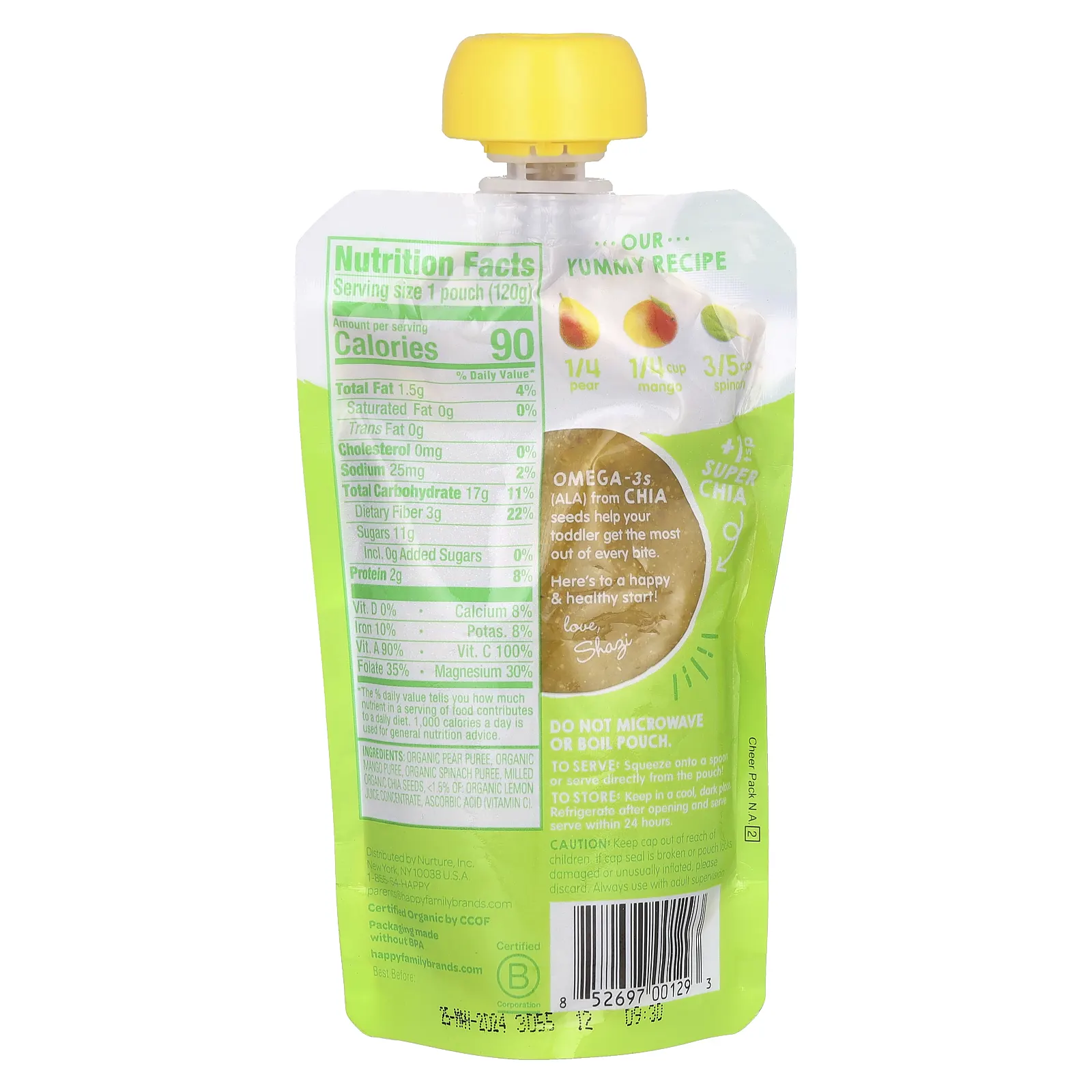 Happy Family Organics, HappyTot, SuperFoods, органические груши, манго, шпинат и супер чиа, 120 г (4,22 унции)